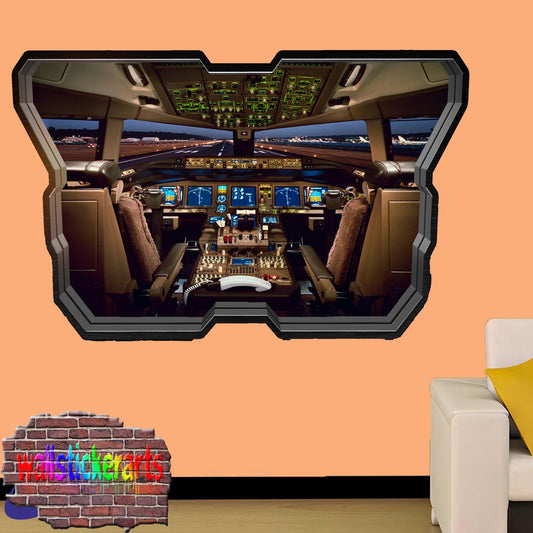 Airplane Cabin Cockpit 3d Art Smashed Effect Wall Sticker Room Office Nursery Shop Decoration Decal Mural ZG4