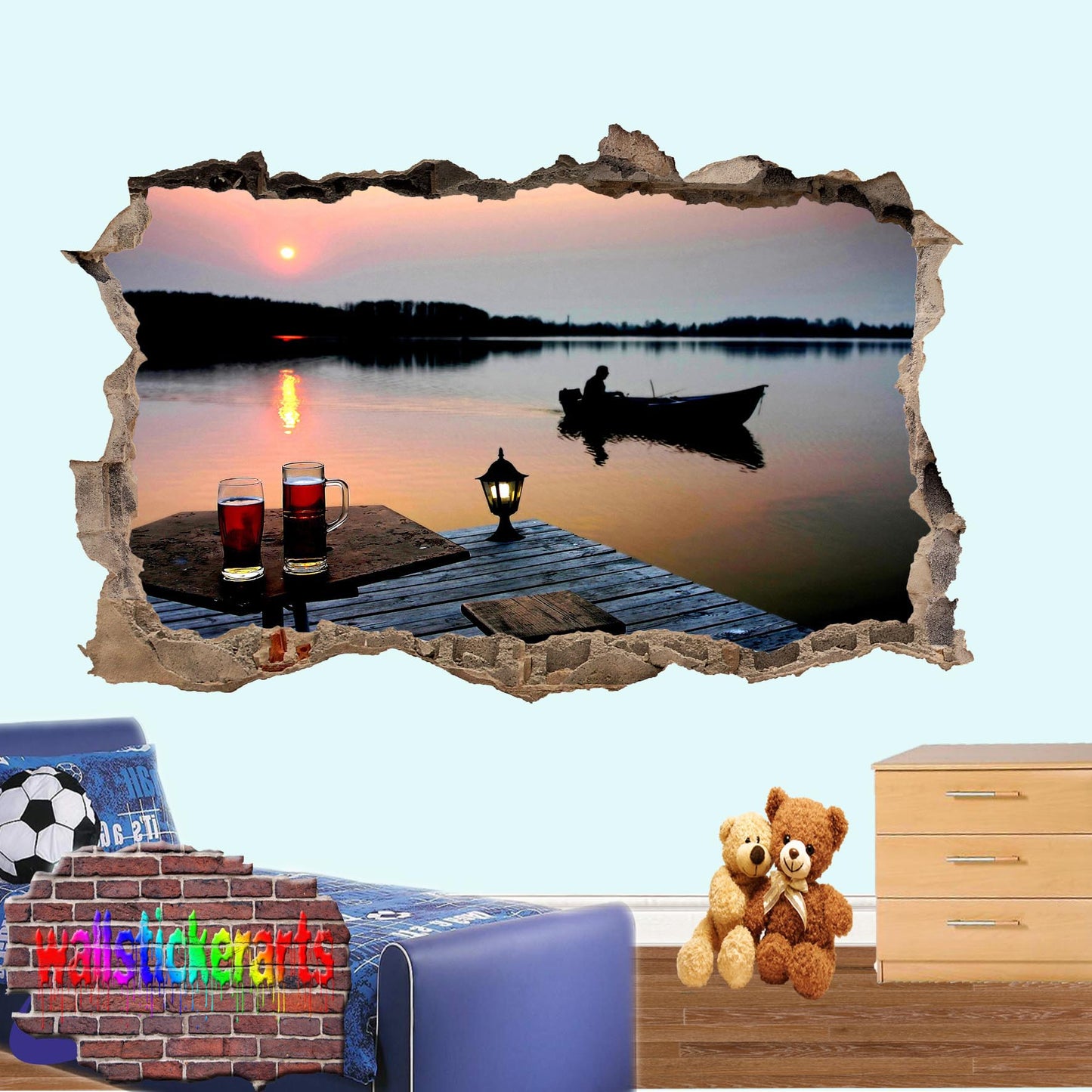 Calm Lake Fishing Boat 3d Art Wall Sticker Mural Room Office Shop Home Decor Decal ZG6