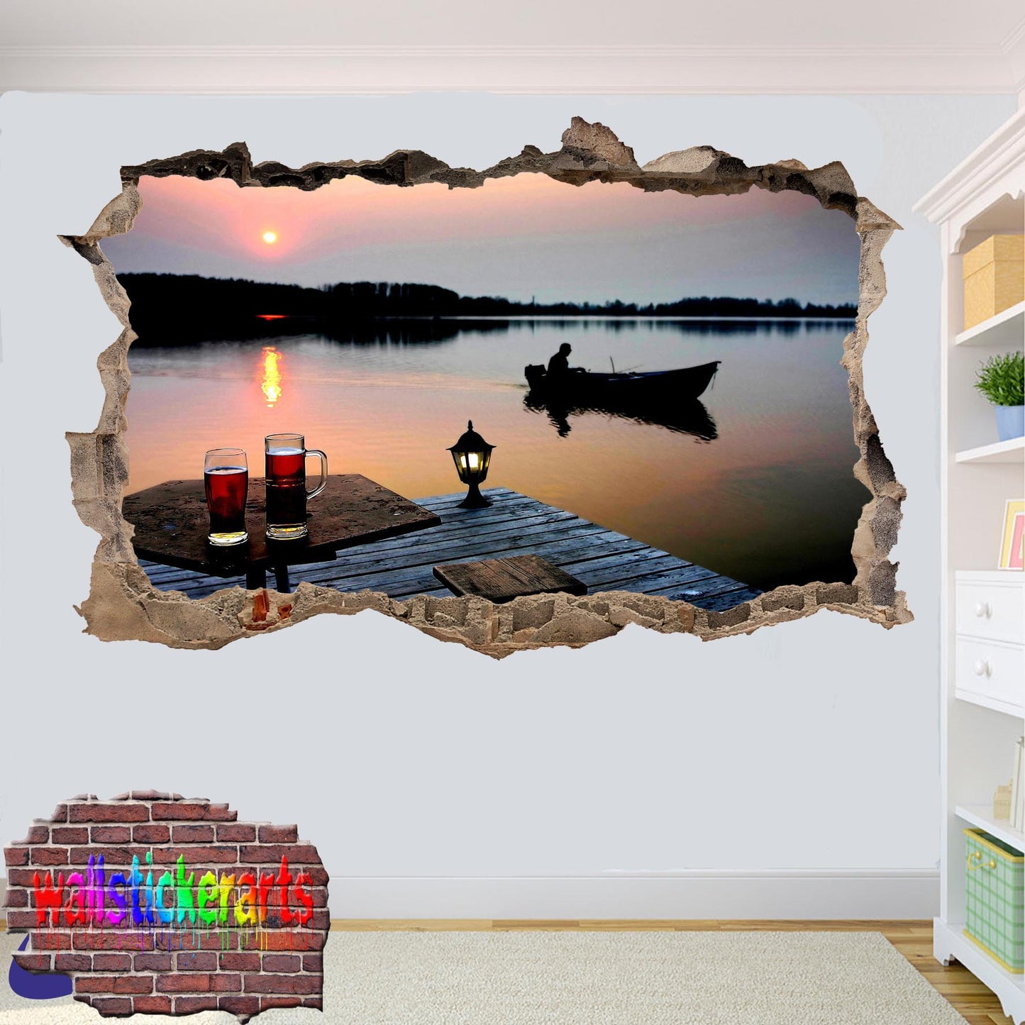 Calm Lake Fishing Boat 3d Art Wall Sticker Mural Room Office Shop Home Decor Decal ZG6
