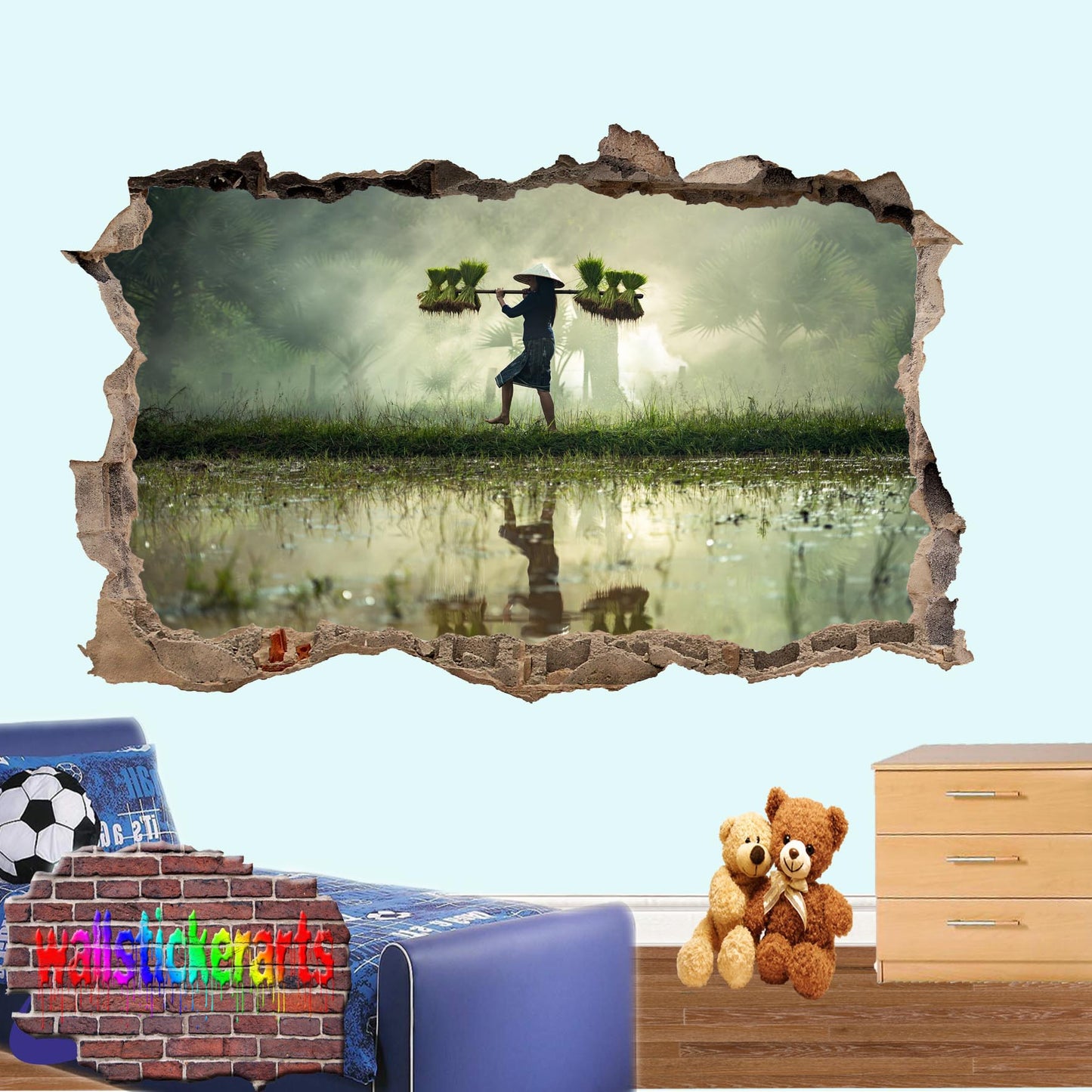 Traditional Asian Girl Rise Field 3d Art Wall Sticker Mural Room Office Shop Home Decor Decal ZI6