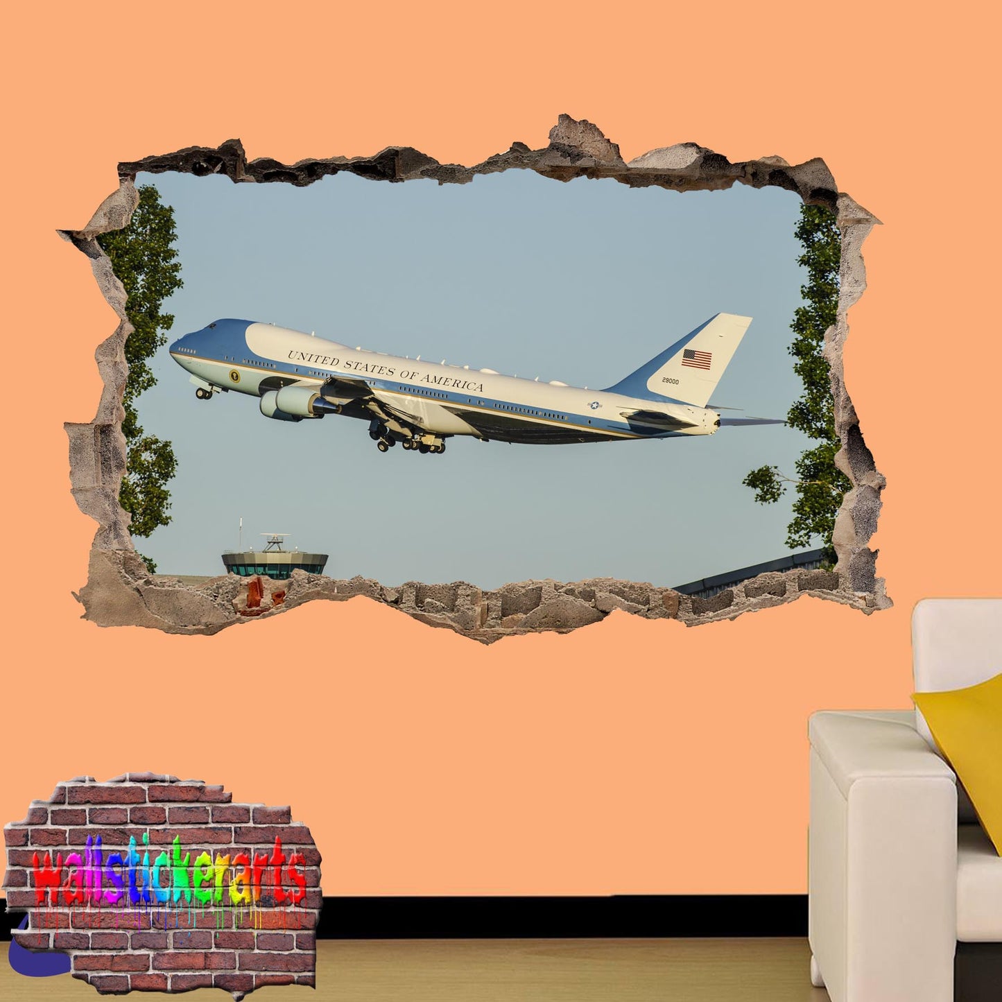 Usa Presidential Airplane 3d Art Smashed Effect Wall Sticker Room Office Nursery Shop Decor Decal Mural ZU0