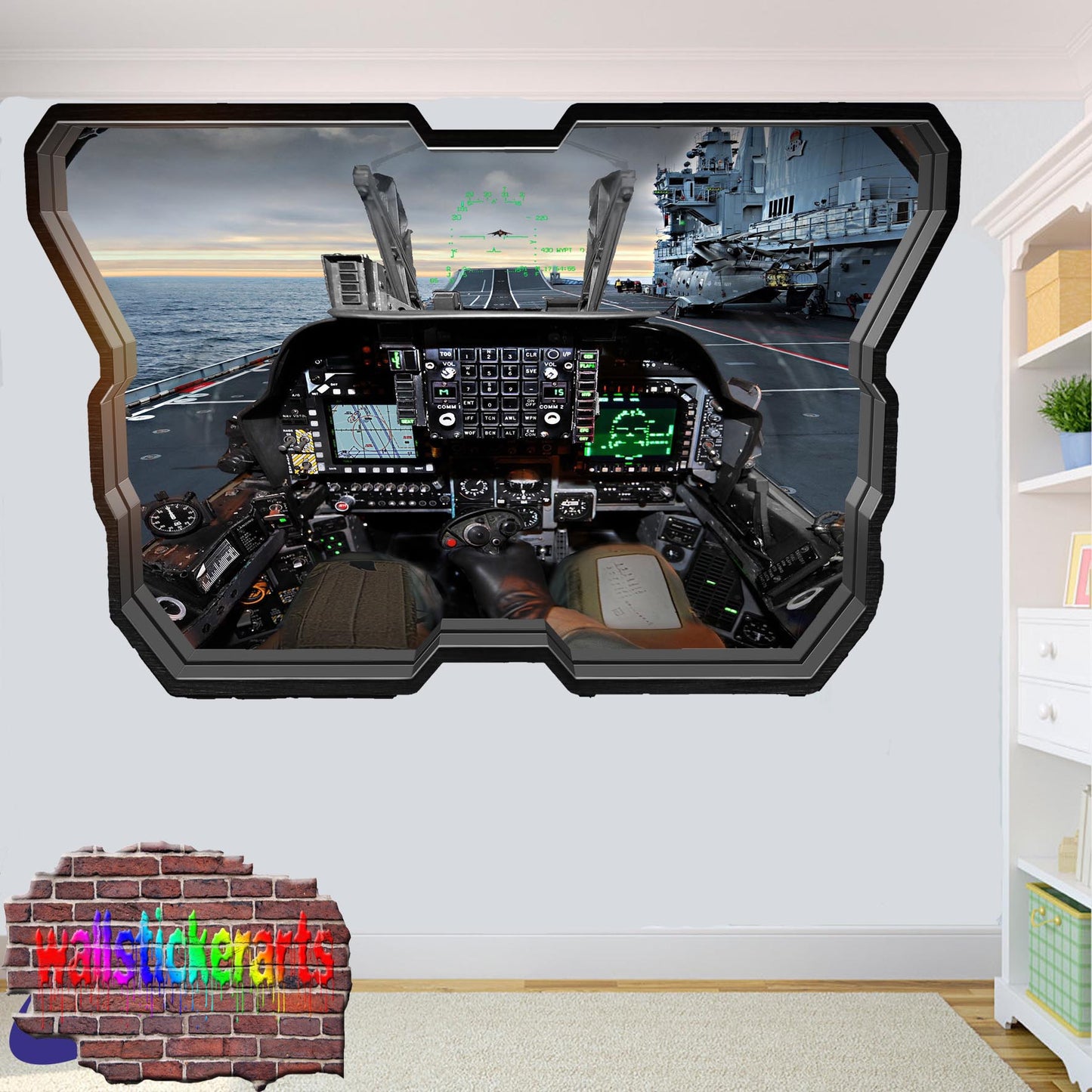 Fighter Jet Plane Cabin Cockpit 3d Art Smashed Effect Wall Sticker Room Office Nursery Shop Decoration Decal Mural ZY4