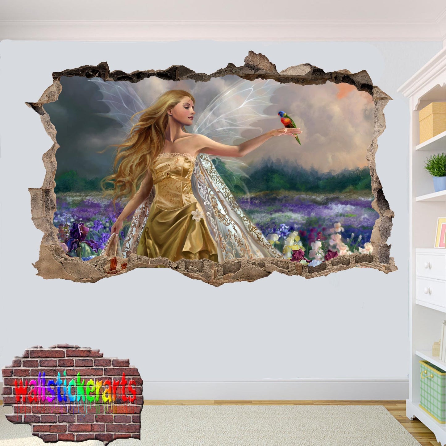Angel Flower Field Parrot 3d Smashed Wall Sticker Room Decoration Decal Mural