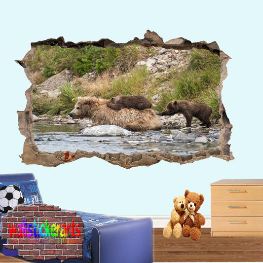 Brown Bear in River 3d Art Wall Sticker Room Office Nursery Shop Decor Decal Mural