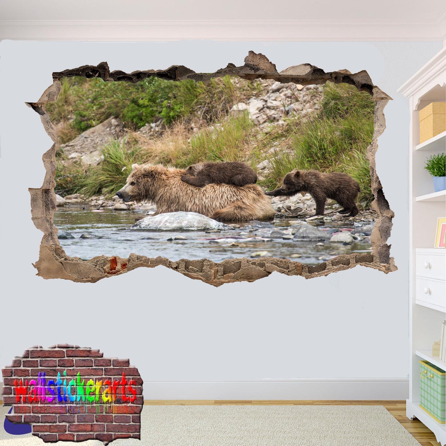 Brown Bear in River 3d Art Wall Sticker Room Office Nursery Shop Decor Decal Mural