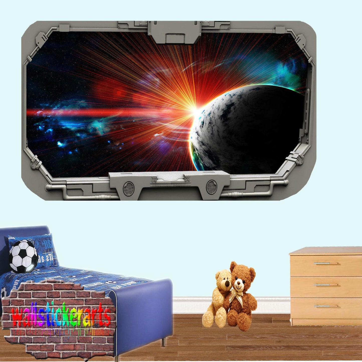 Blue Planet Earth and Sun From Spacecraft Window Wall Sticker Room Decoration Decal Mural
