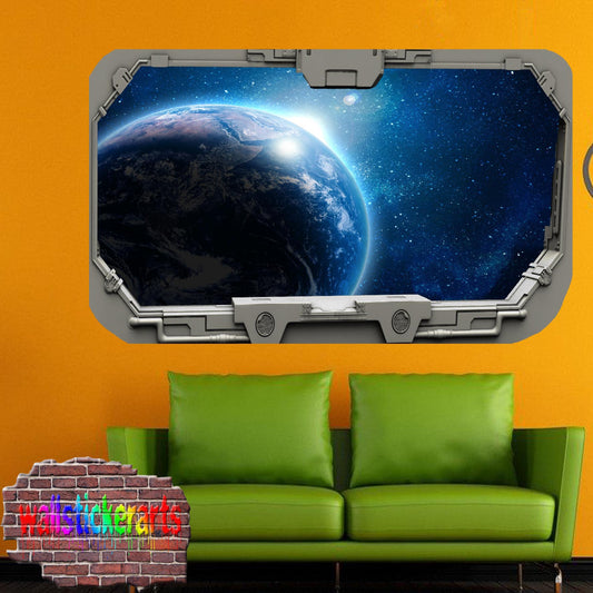 Blue Planet Earth and Sun 3d Spacecraft Window Wall Sticker Room Decoration Decal Mural