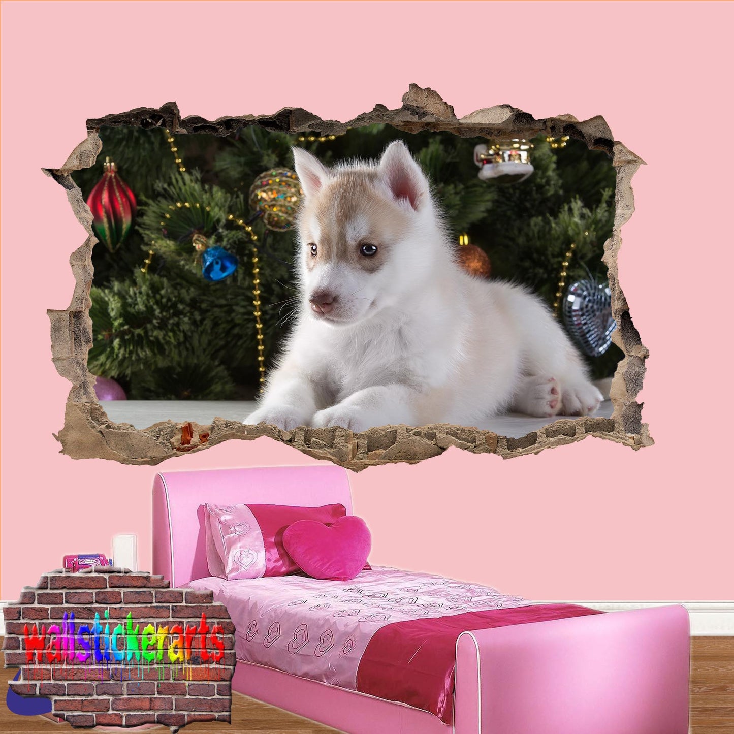 Husky Pup Christmast Tree 3d Art Wall Sticker Room Office Nursery Shop Decoration Decal Mural