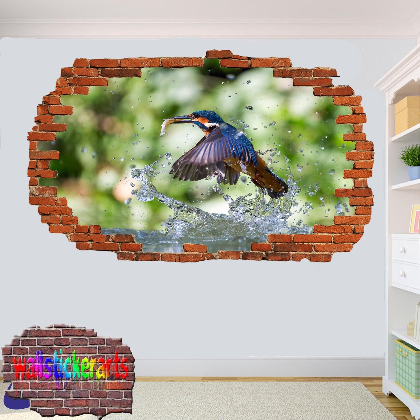 Kingfisher Birds 3d Art Smashed Effect Wall Stickers Room Office Nursery Shop Decoration Decal Mural