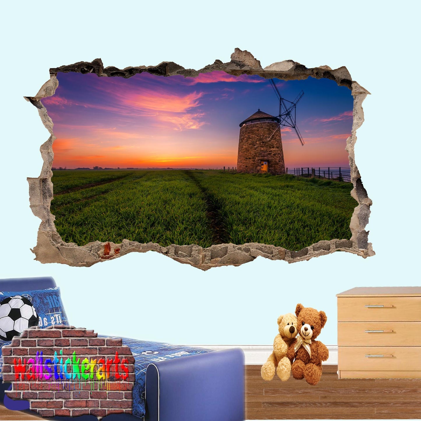 Old Wind Mill Sunset 3d Art Wall Sticker Mural Room Office Shop Decoration Decal
