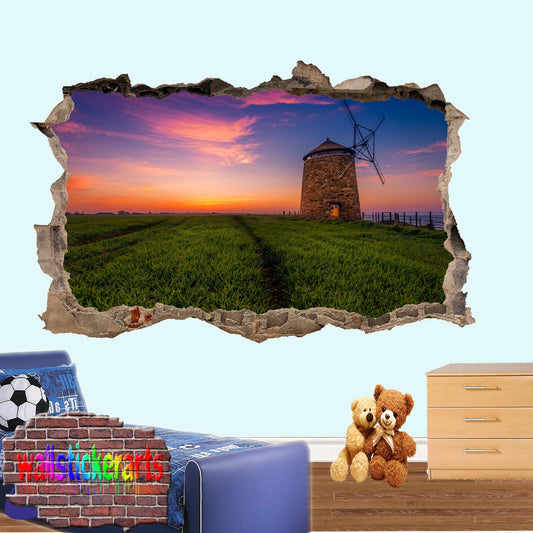 Old Wind Mill Sunset 3d Art Wall Sticker Mural Room Office Shop Decoration Decal