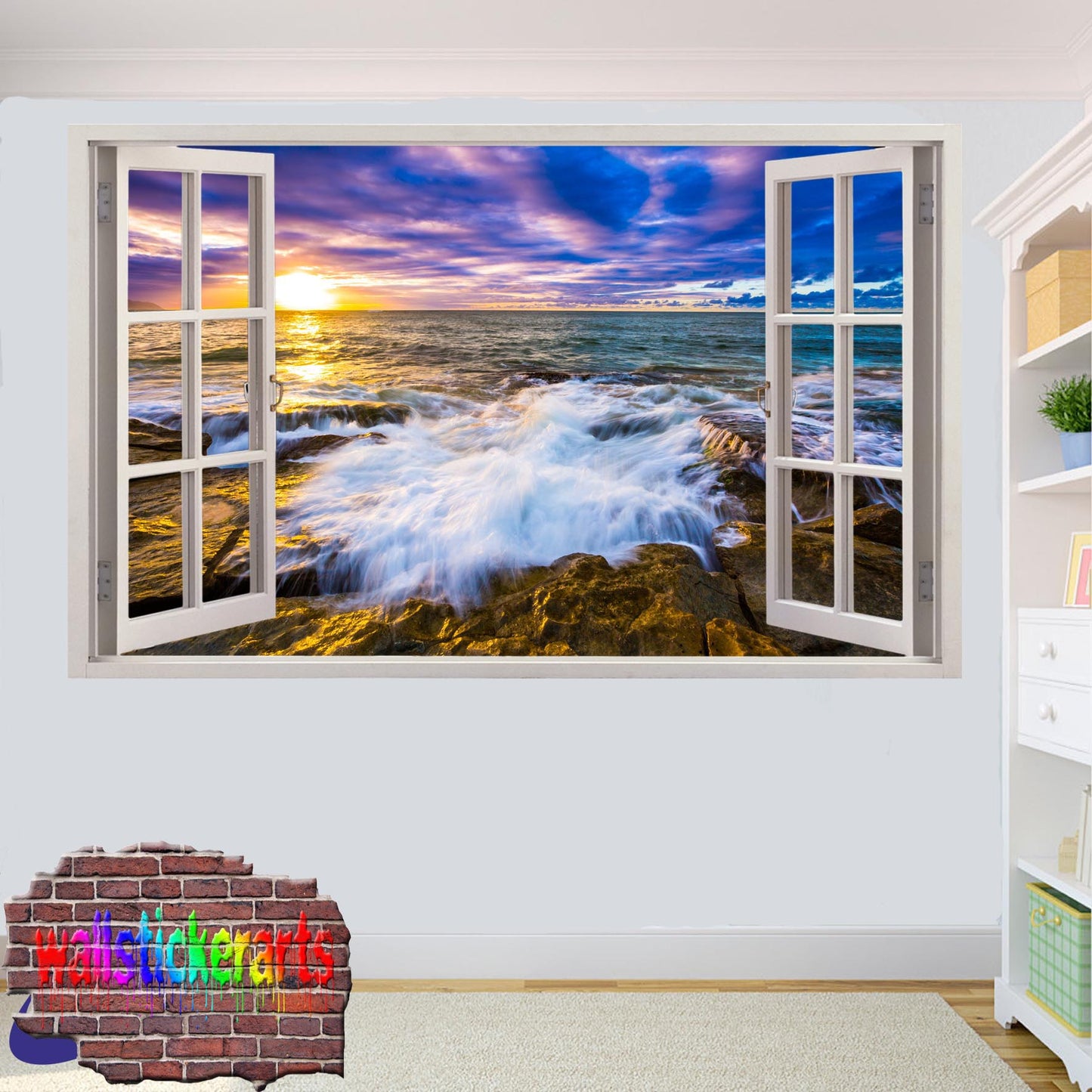 Wave Sea Rocks Sunset 3d Art Wall Sticker Mural Room Office Shop Decor Decal