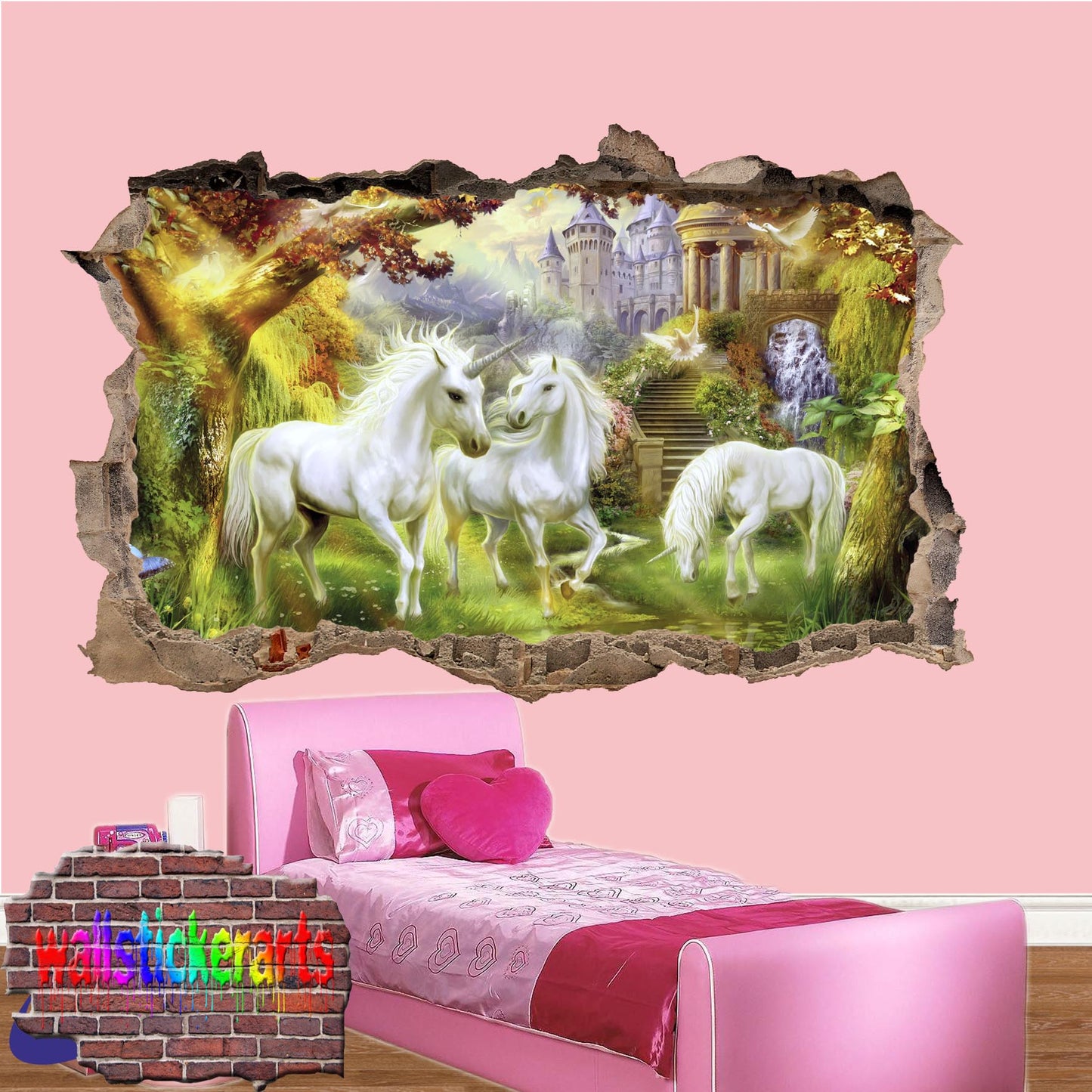 Unicorns in Dreamland Forest 3d Smashed Wall Stickers Room Decoration Decal Murals