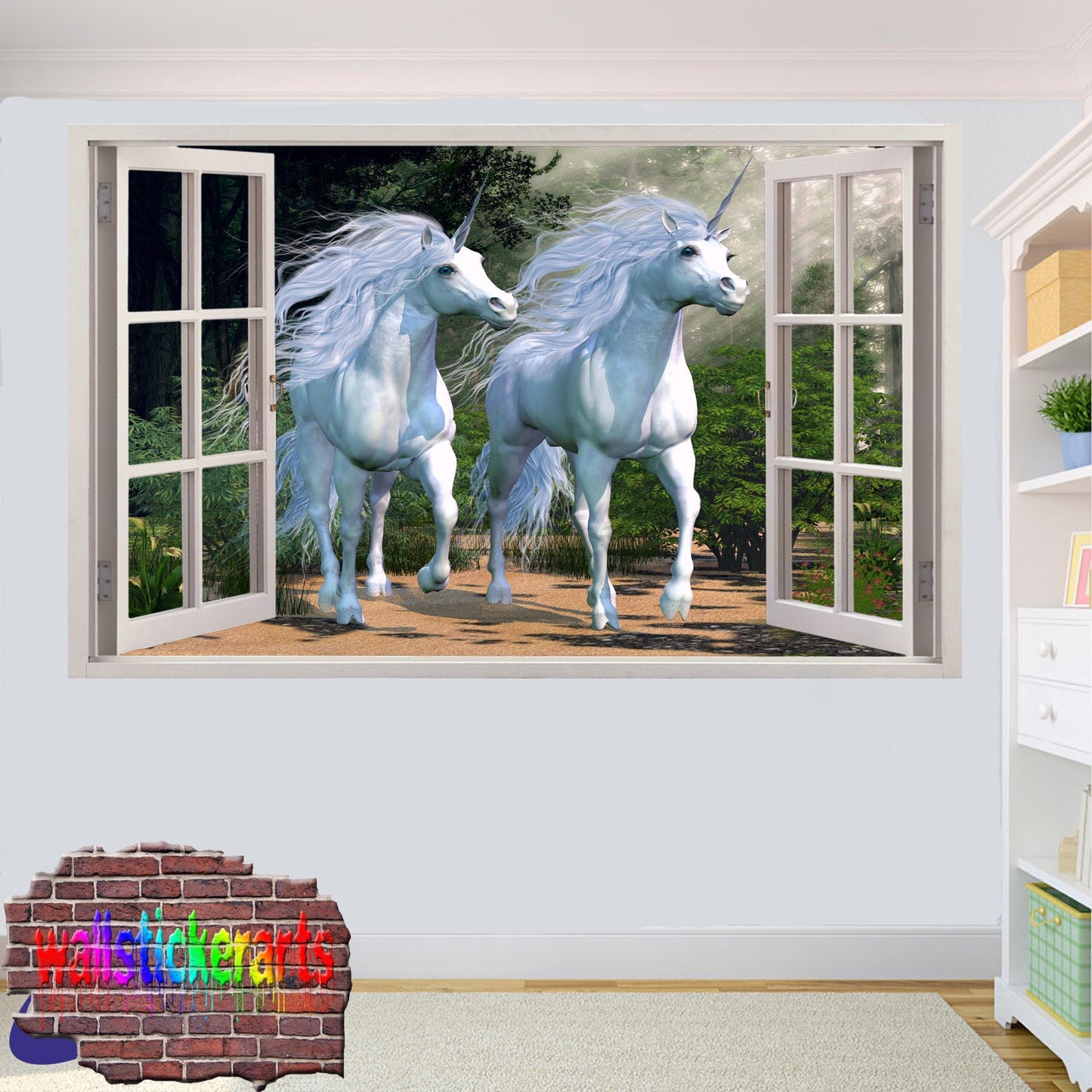 Two Beautiful Unicorn in Dream Forest 3d Window Wall Sticker Room Decor Decal Murals