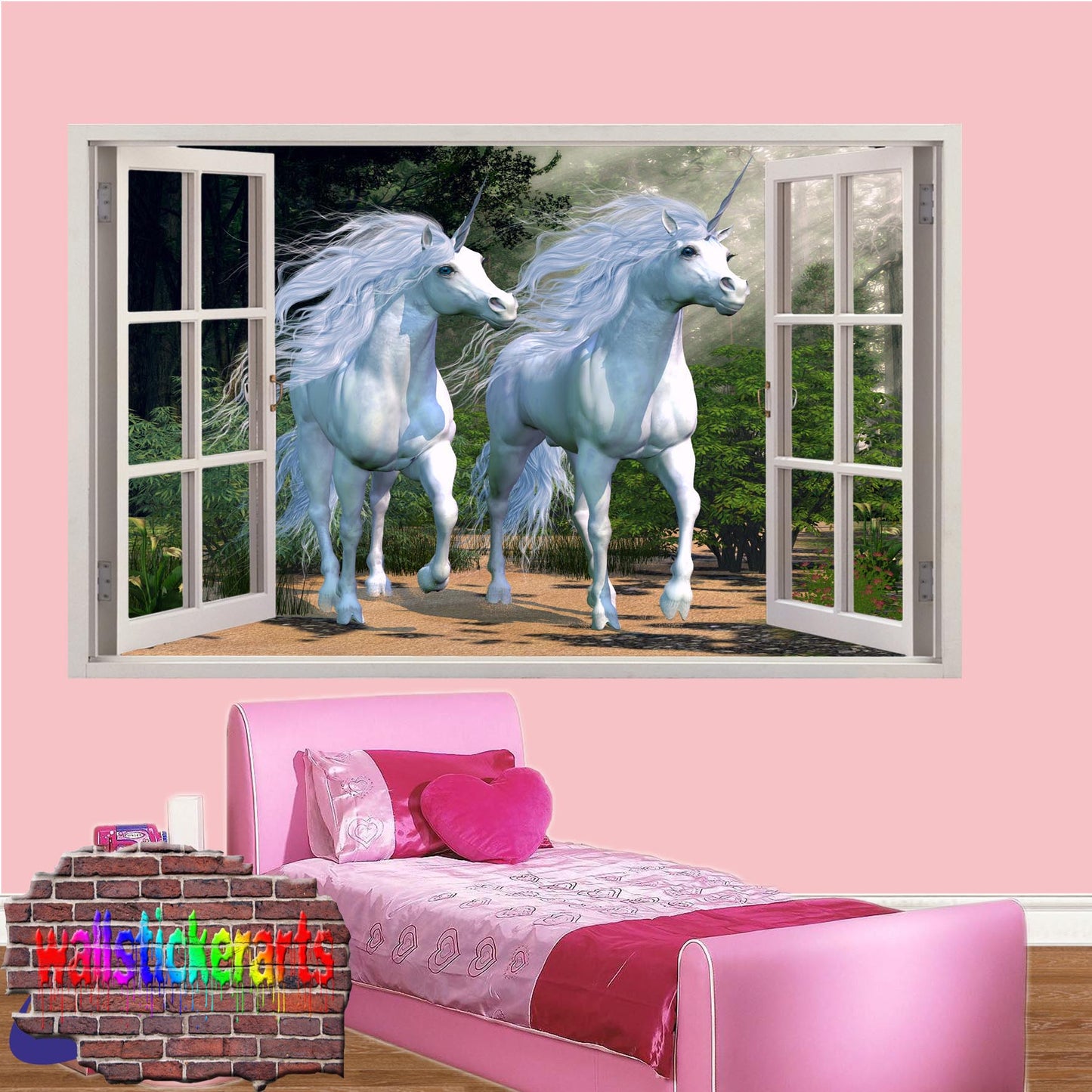 Two Beautiful Unicorn in Dream Forest 3d Window Wall Sticker Room Decor Decal Murals