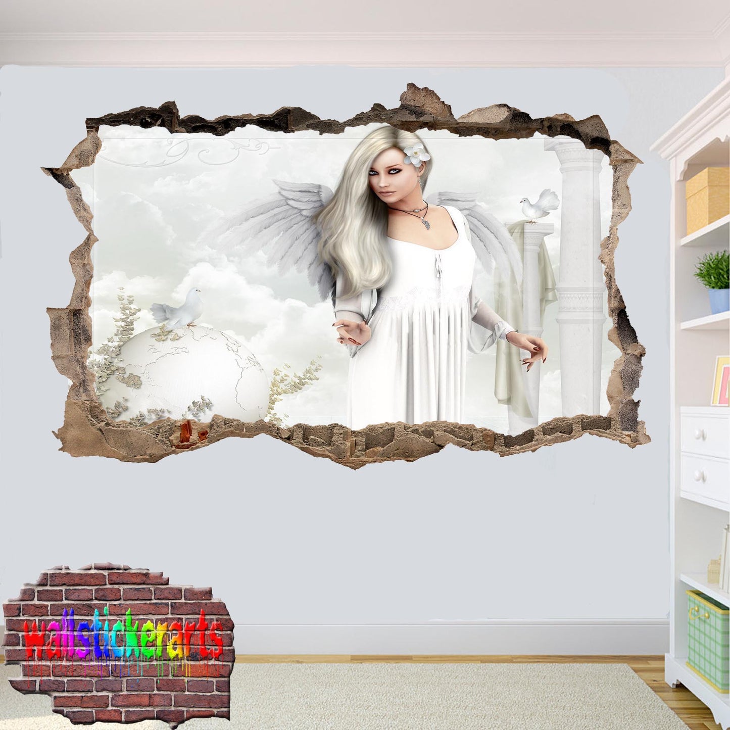 Beautiful White Angel 3d Smashed Wall Sticker Room Decoration Decal Mural