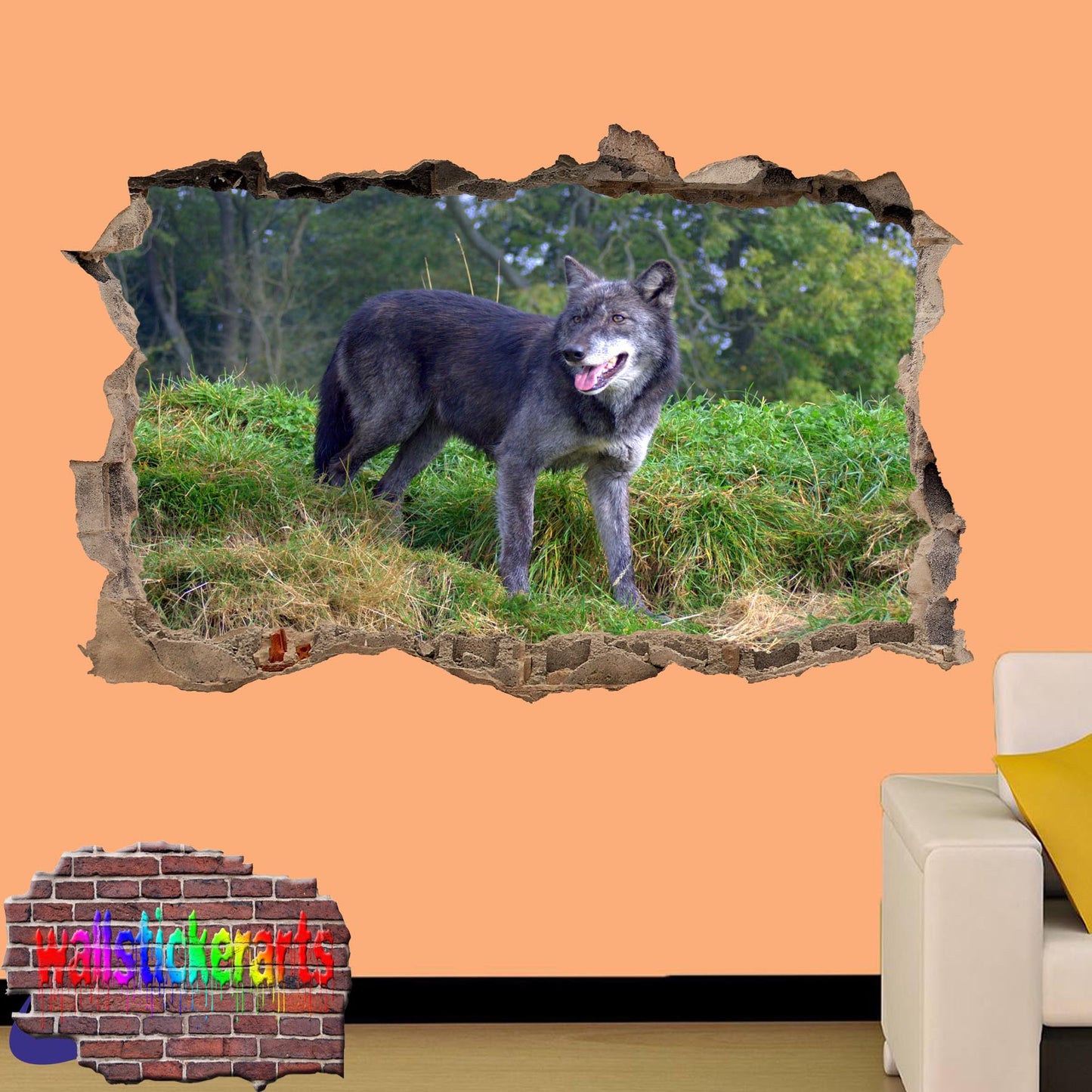 Wildlife Animals Grey Wolf 3d Art Smashed Effect Wall Stickers Room Office Nursery Shop Decor Decal Mural