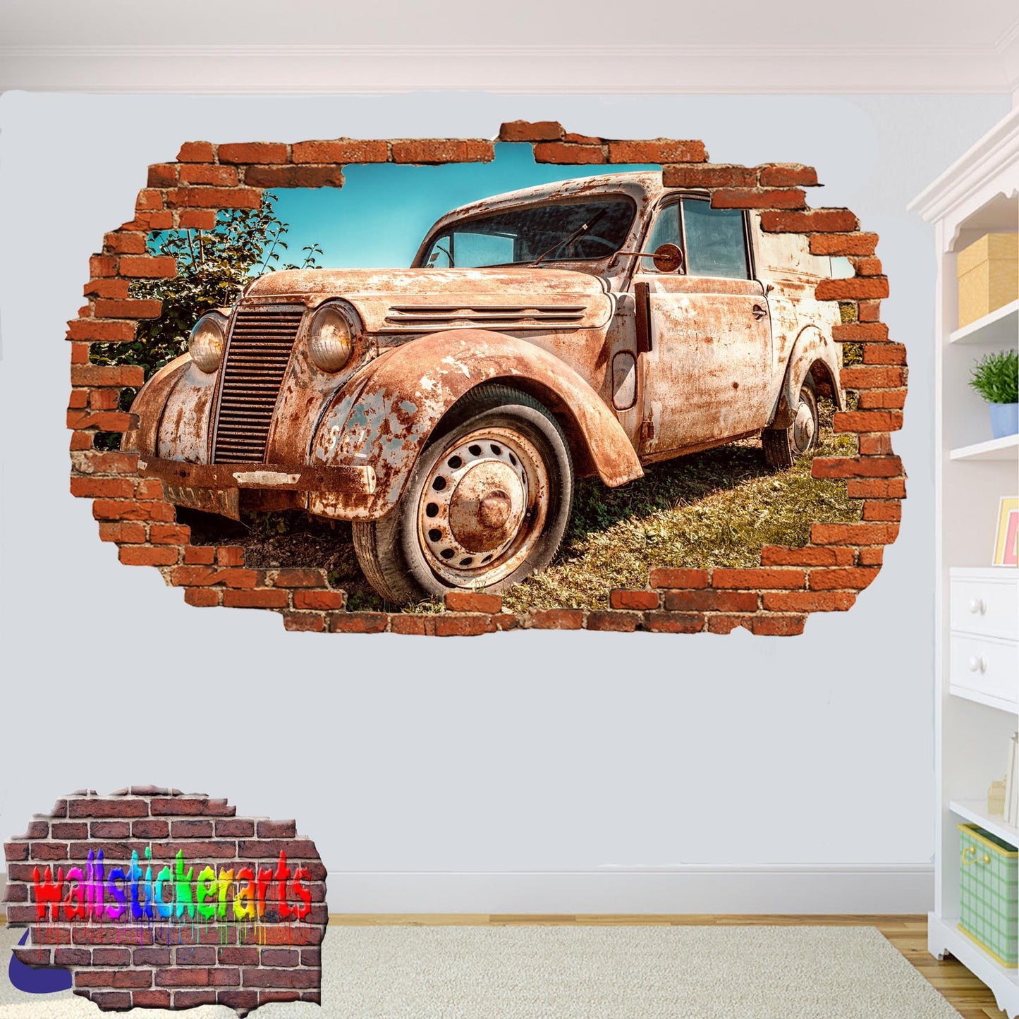 Vintage Nostalgic Truck 3d Smashed Wall Sticker Room Decor Decal Mural YA0