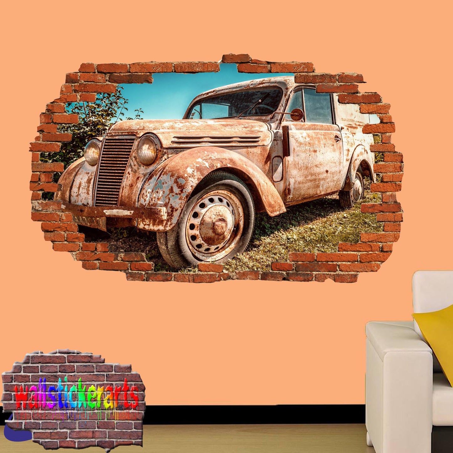 Vintage Nostalgic Truck 3d Smashed Wall Sticker Room Decor Decal Mural YA0