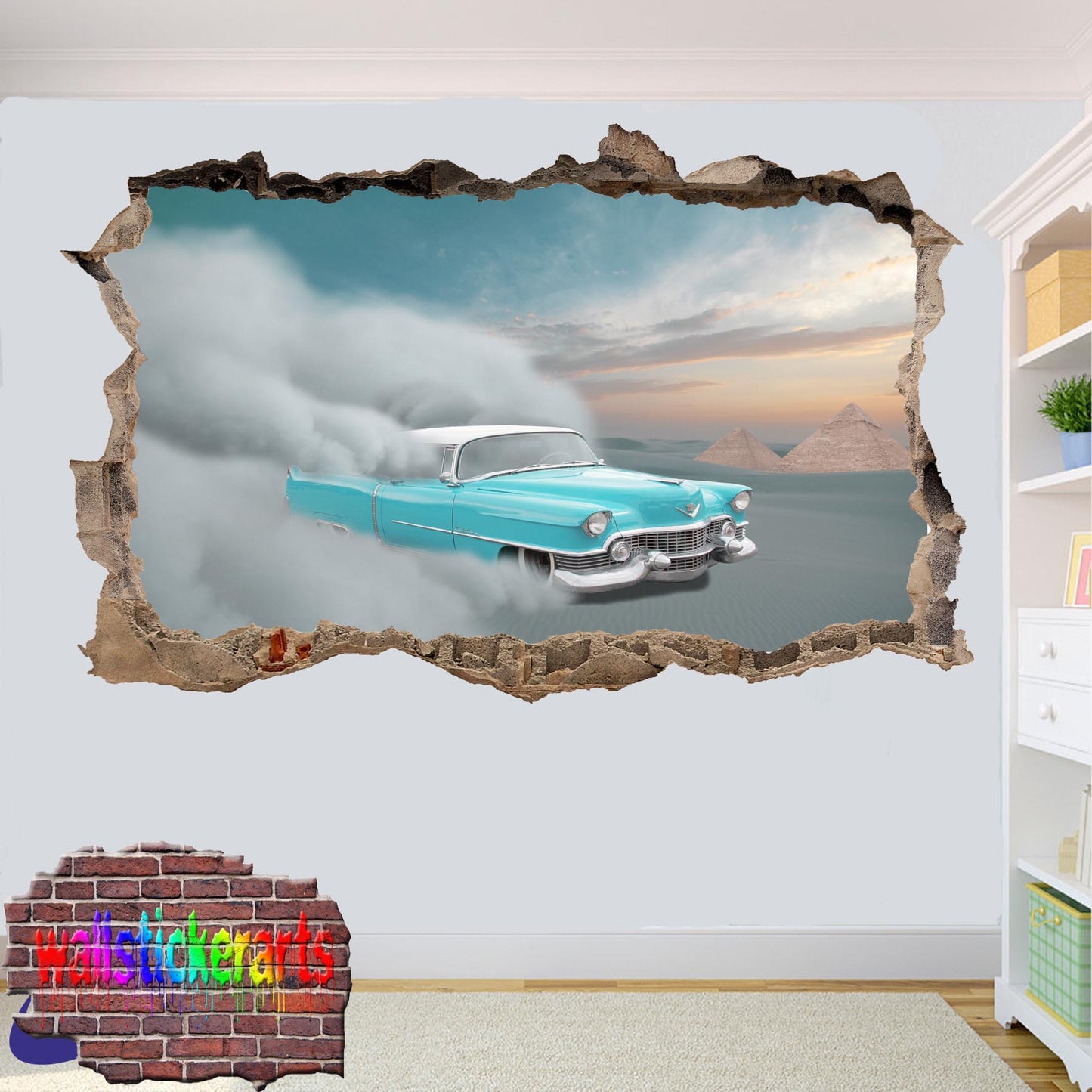 Vintage Car Desert 3d Smashed Wall Sticker Room Decor Decal Mural YA2