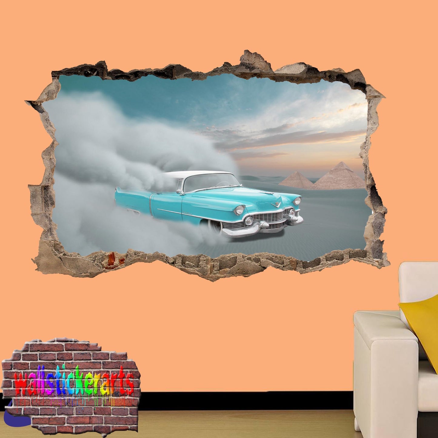 Vintage Car Desert 3d Smashed Wall Sticker Room Decor Decal Mural YA2