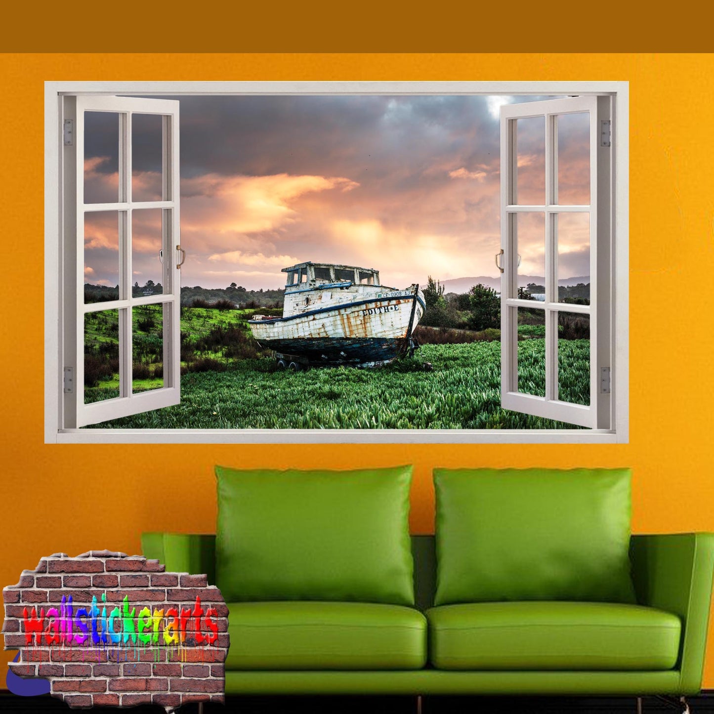 Old Boat Majestic Sunset 3d Window Wall Sticker Room Decor Decal Mural YA4
