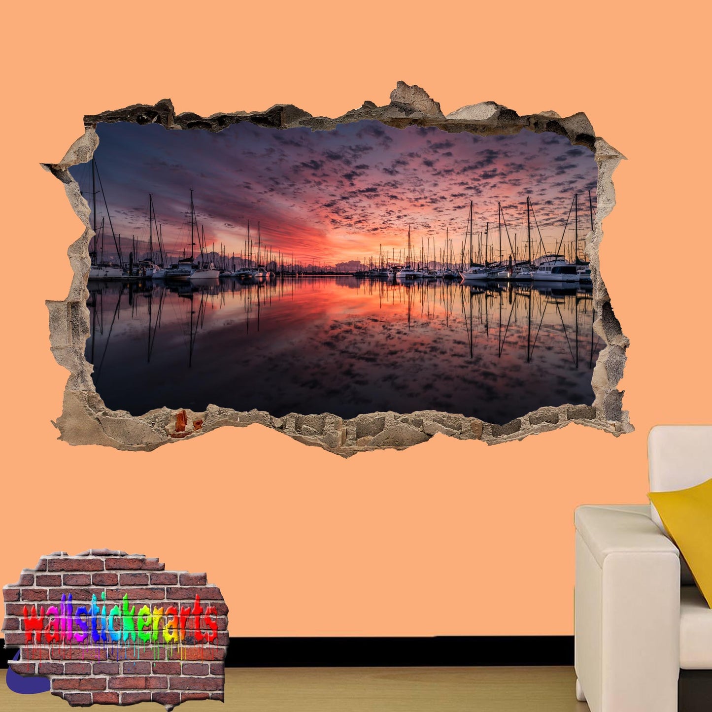 Marina Majestic Sunset 3d Smashed Wall Sticker Room Decoration Decal Mural YA7