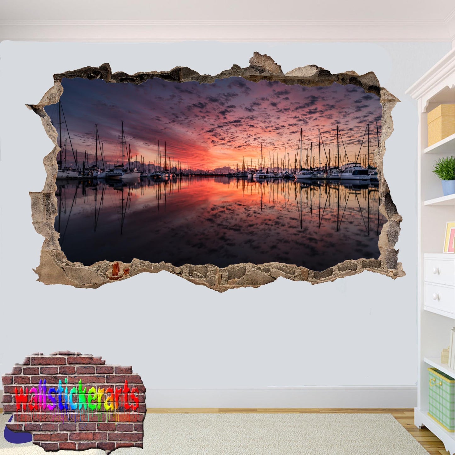 Marina Majestic Sunset 3d Smashed Wall Sticker Room Decoration Decal Mural YA7