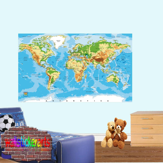 World Physical Map Wall Sticker Room Office Nursery Shop Decor Decal Mural VK1