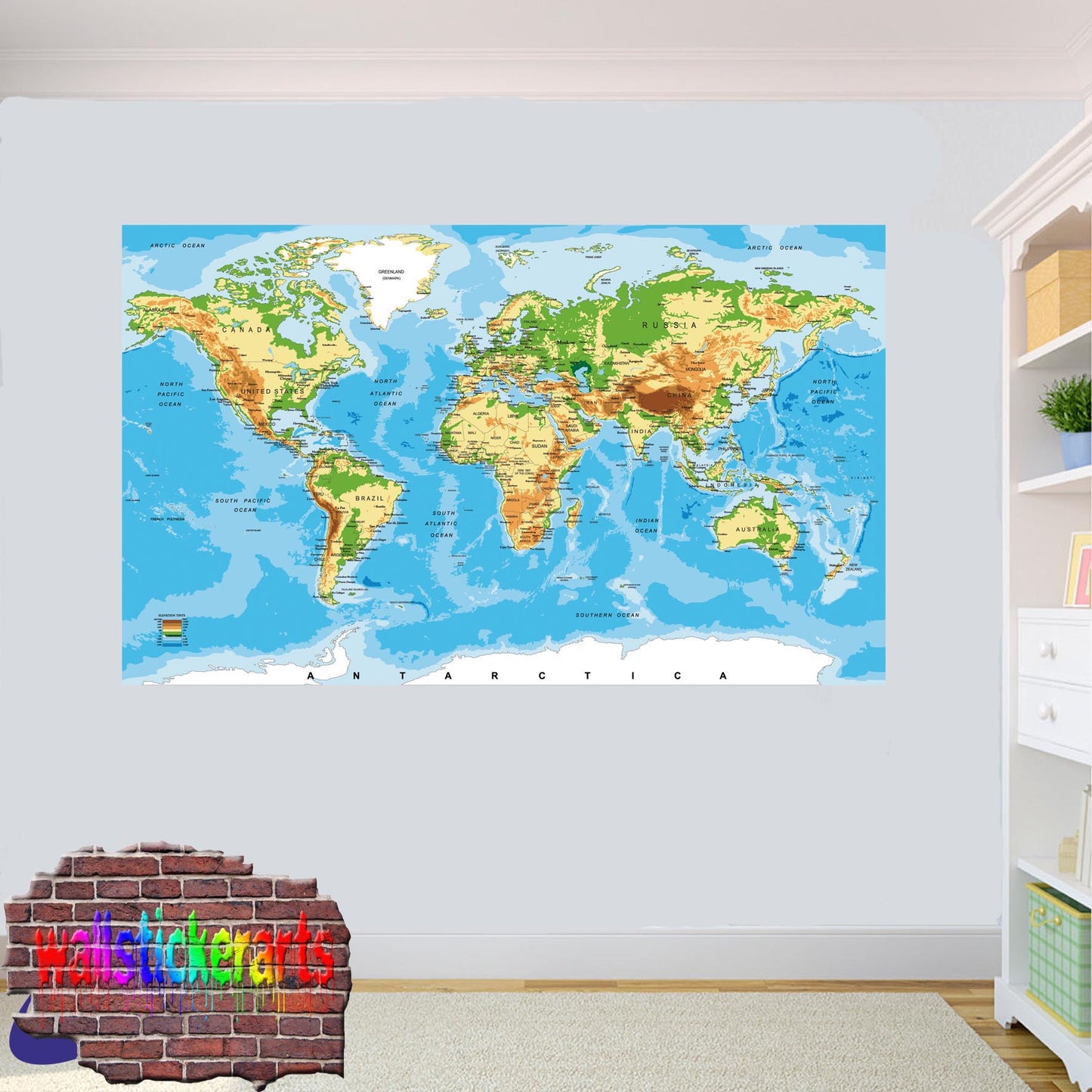 World Physical Map Wall Sticker Room Office Nursery Shop Decor Decal Mural VK1