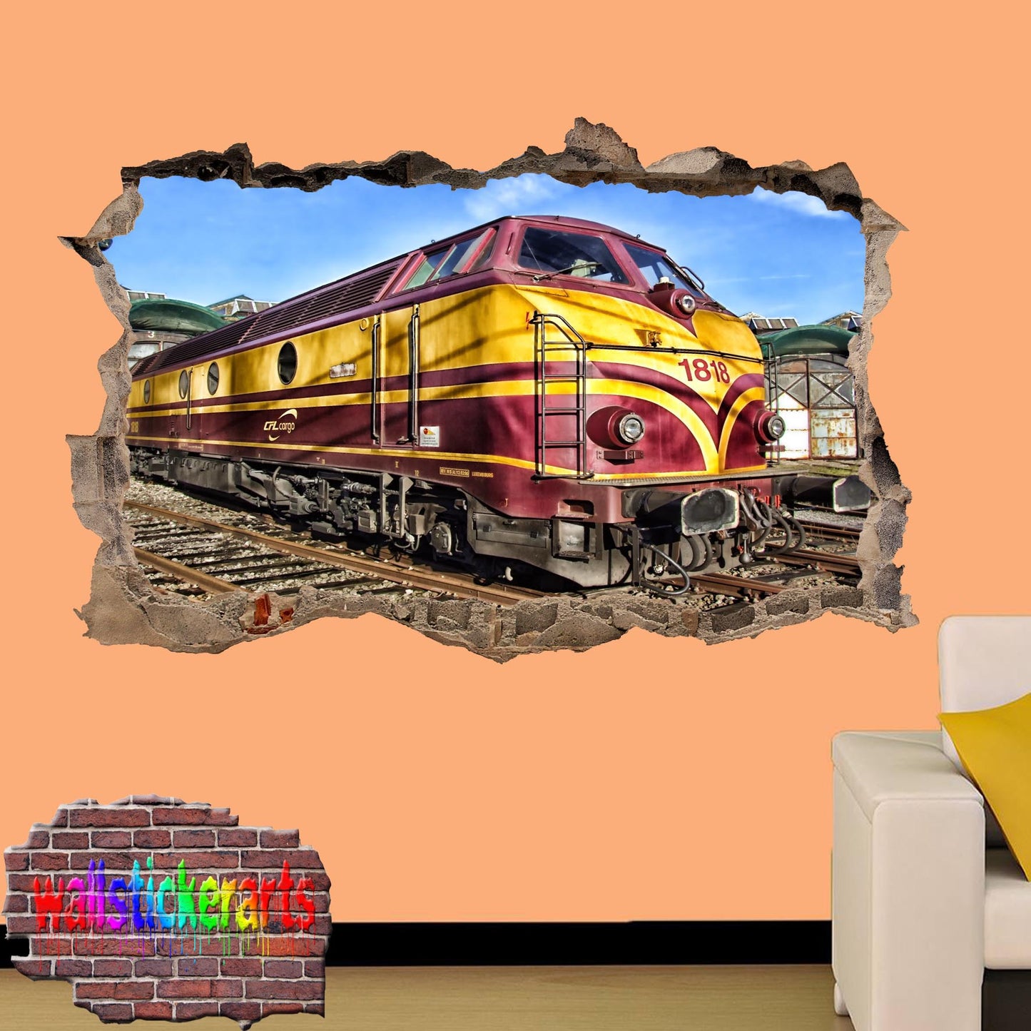 Locomotive Train Engine 3d Art Smashed Effect Wall Sticker Room Nursery Shop Decal Mural VV3