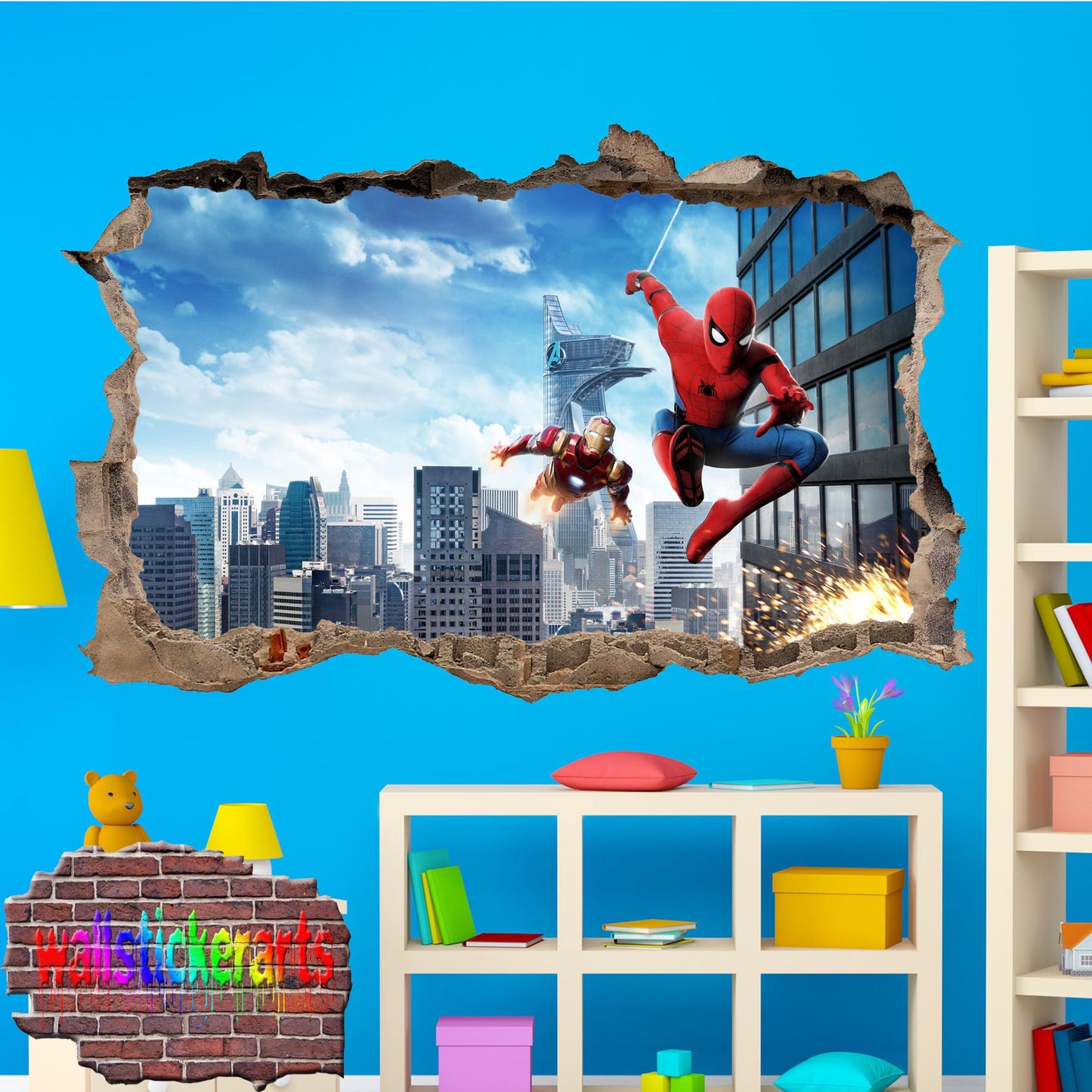 Spiderman Ironman City 3d Art Wall Sticker Room Office Nursery Decor Decal Mural VW6