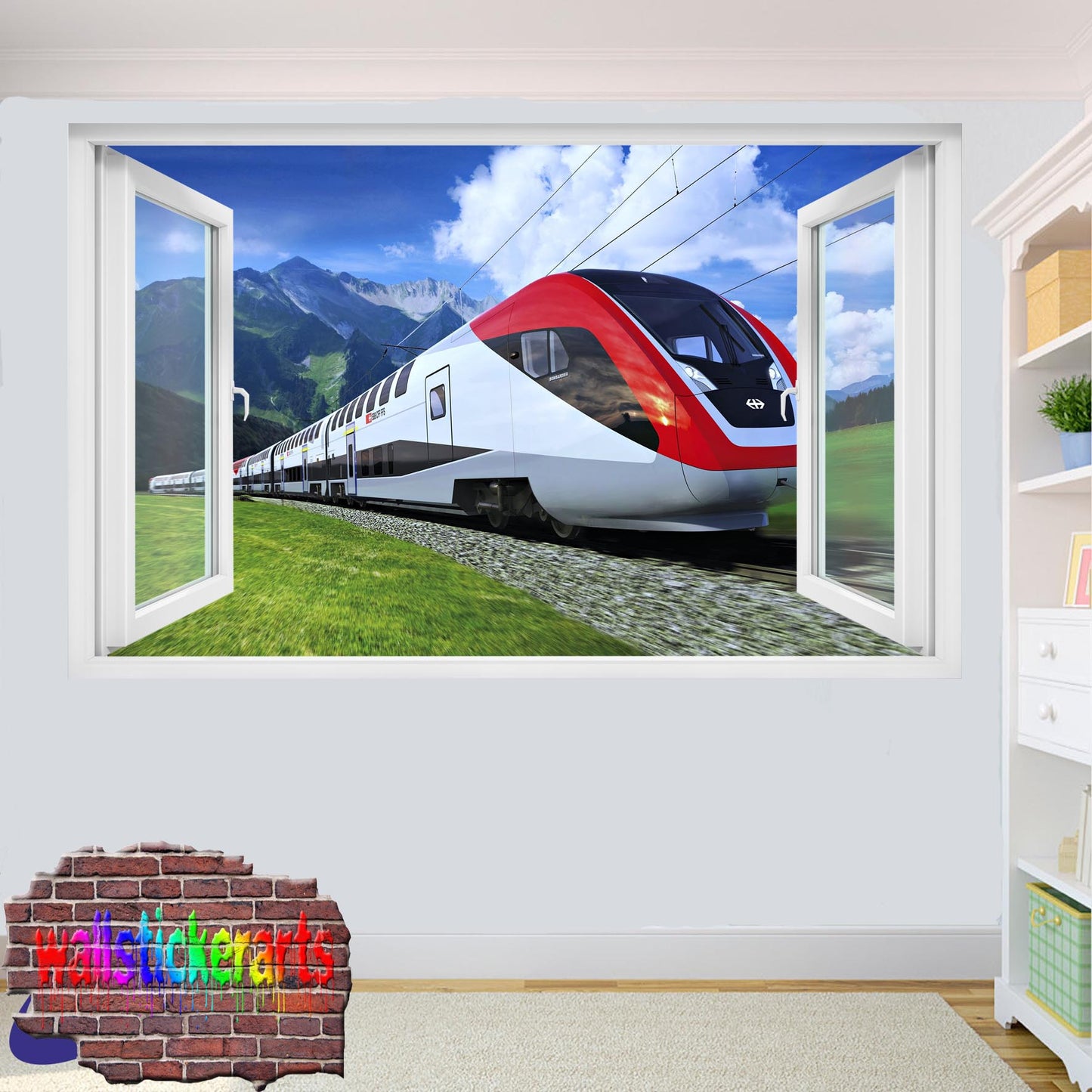 Fast Track Modern Train 3d Art Smashed Effect Wall Sticker Room Office Nursery Shop Decoration Decal Mural XH0