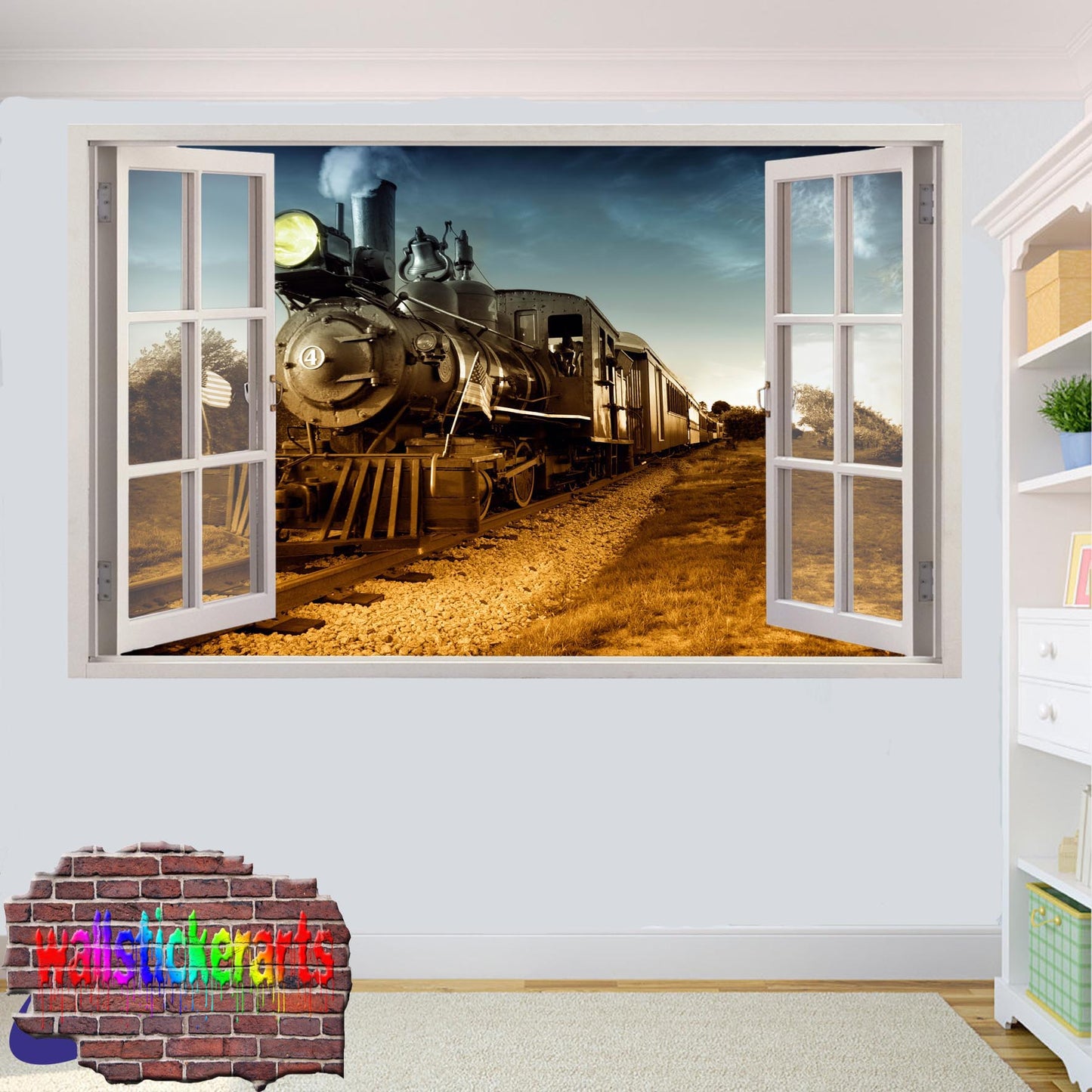 Western Steam Train Railway 3d Art Smashed Effect Wall Sticker Room Office Nursery Shop Decoration Decal Mural XH8