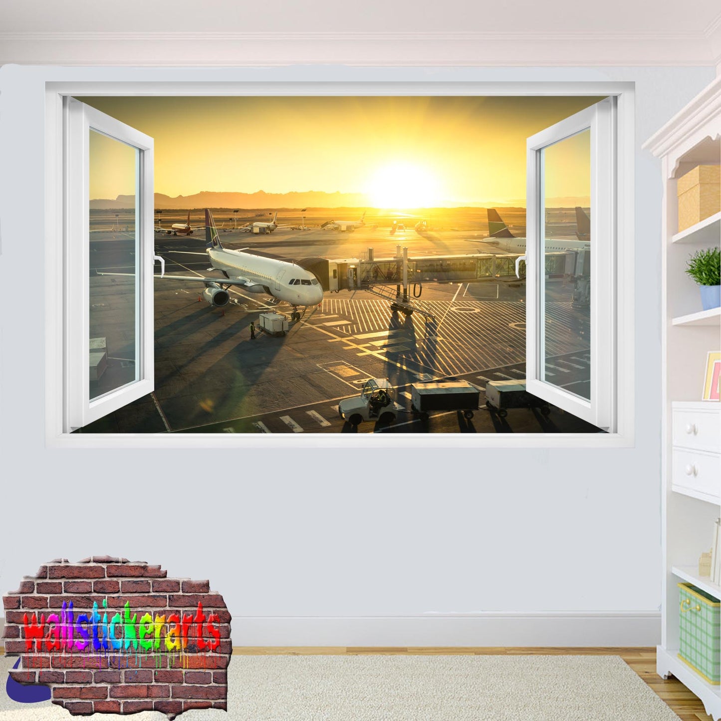 Airport Plane Dock 3d Art Window Effect Wall Sticker Room Office Nursery Shop Decoration Decal Mural XT2