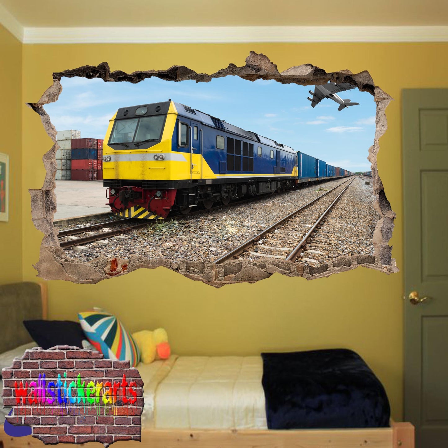 Train Railway Transport 3d Art Smashed Effect Wall Sticker Room Office Nursery Shop Decoration Decal Mural XT9