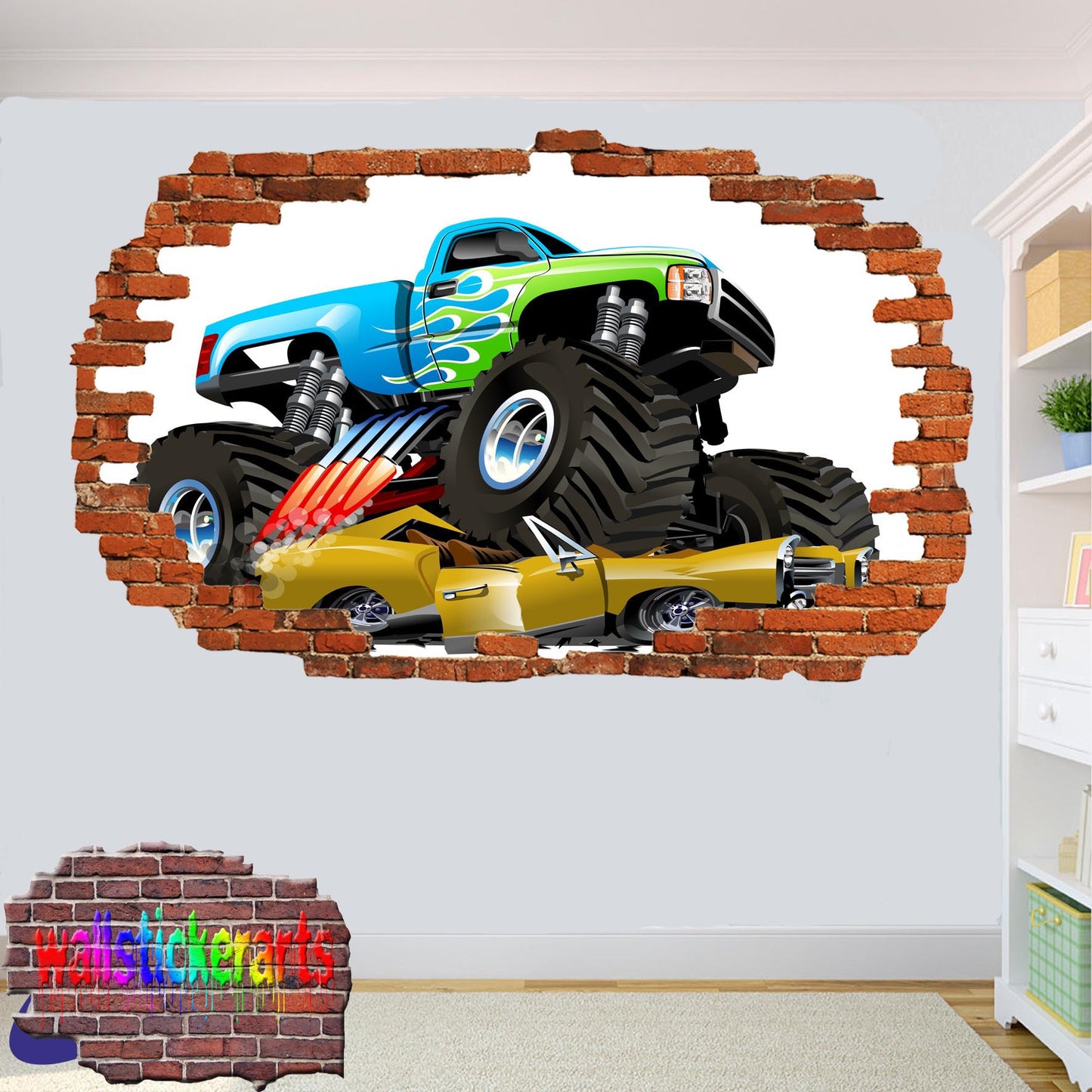 Monster Truck Crashing Cars 3d Art Wall Sticker Room Office Nursery Decor Decal Mural XU3