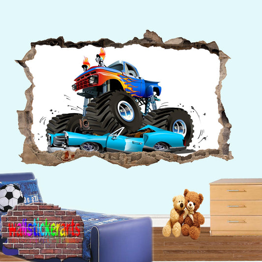 Monster Truck Crashing Cars 3d Art Wall Sticker Room Office Nursery Decor Decal Mural XU4
