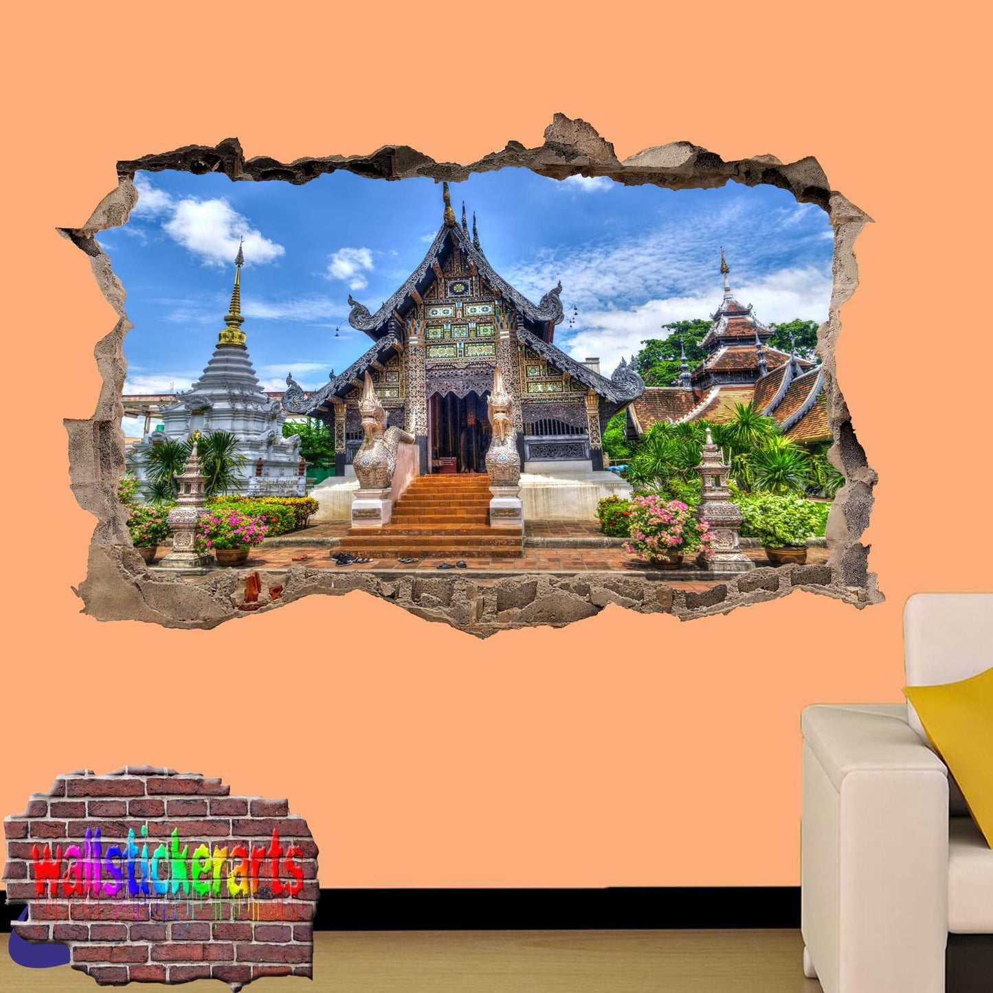 Buddhism Buddhist Temple 3d Art Smashed Effect Wall Sticker Room Office Nursery Shop Decoration Decal Mural YB2
