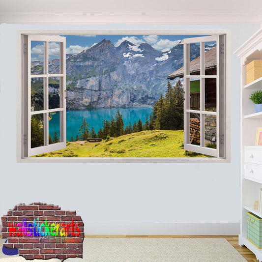 Snow Mountains Blue Lake Cabin 3d Art Wall Sticker Mural Room Office Shop Decoration Decal YB4