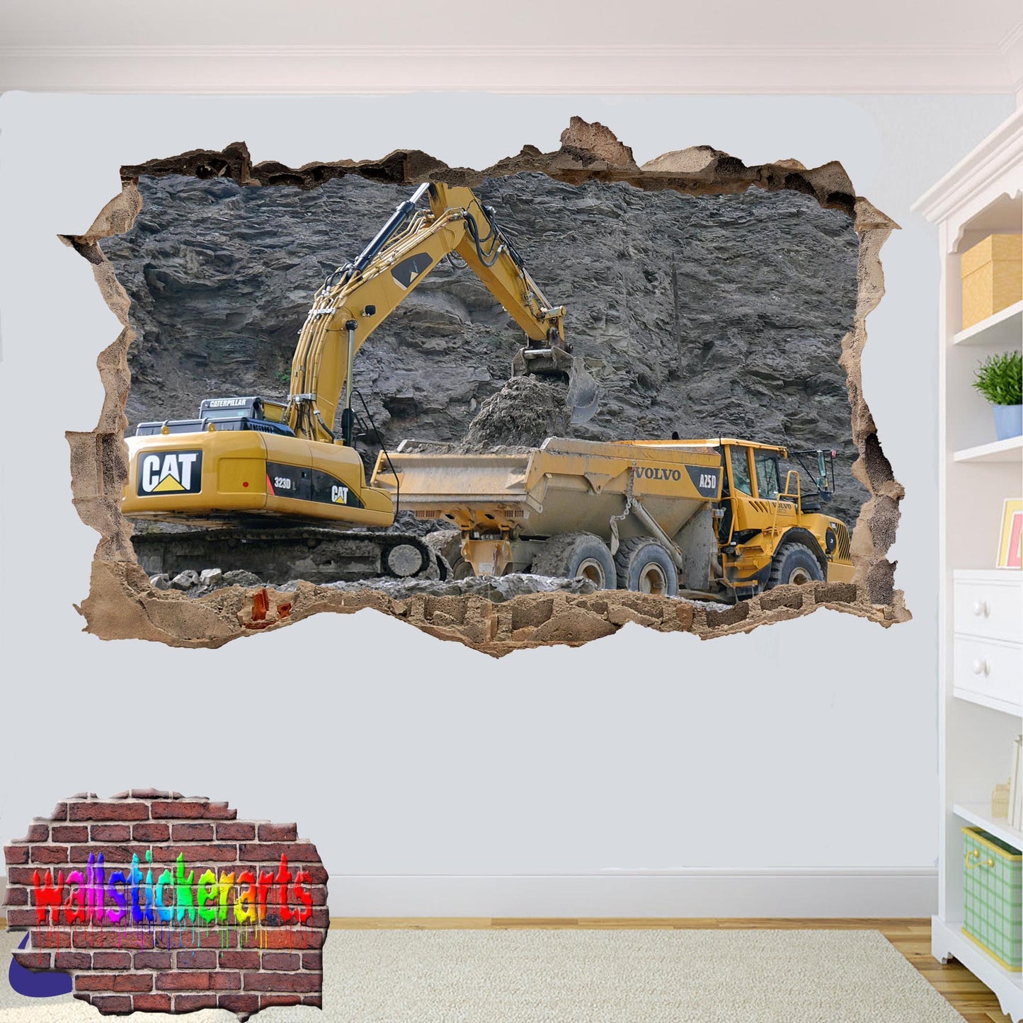 Cat Excavator Mine Truck 3d Art Smashed Effect Wall Sticker Room Office Nursery Shop Decoration Decal Mural YF2