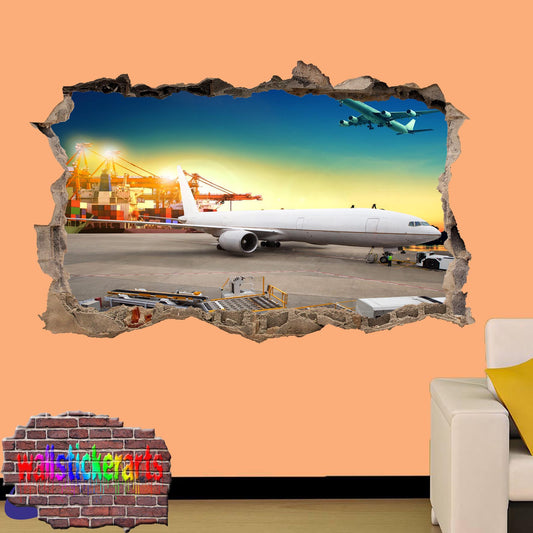 Airport Plane Dock 3d Art Smashed Effect Wall Sticker Room Office Nursery Shop Decoration Decal Mural YI3