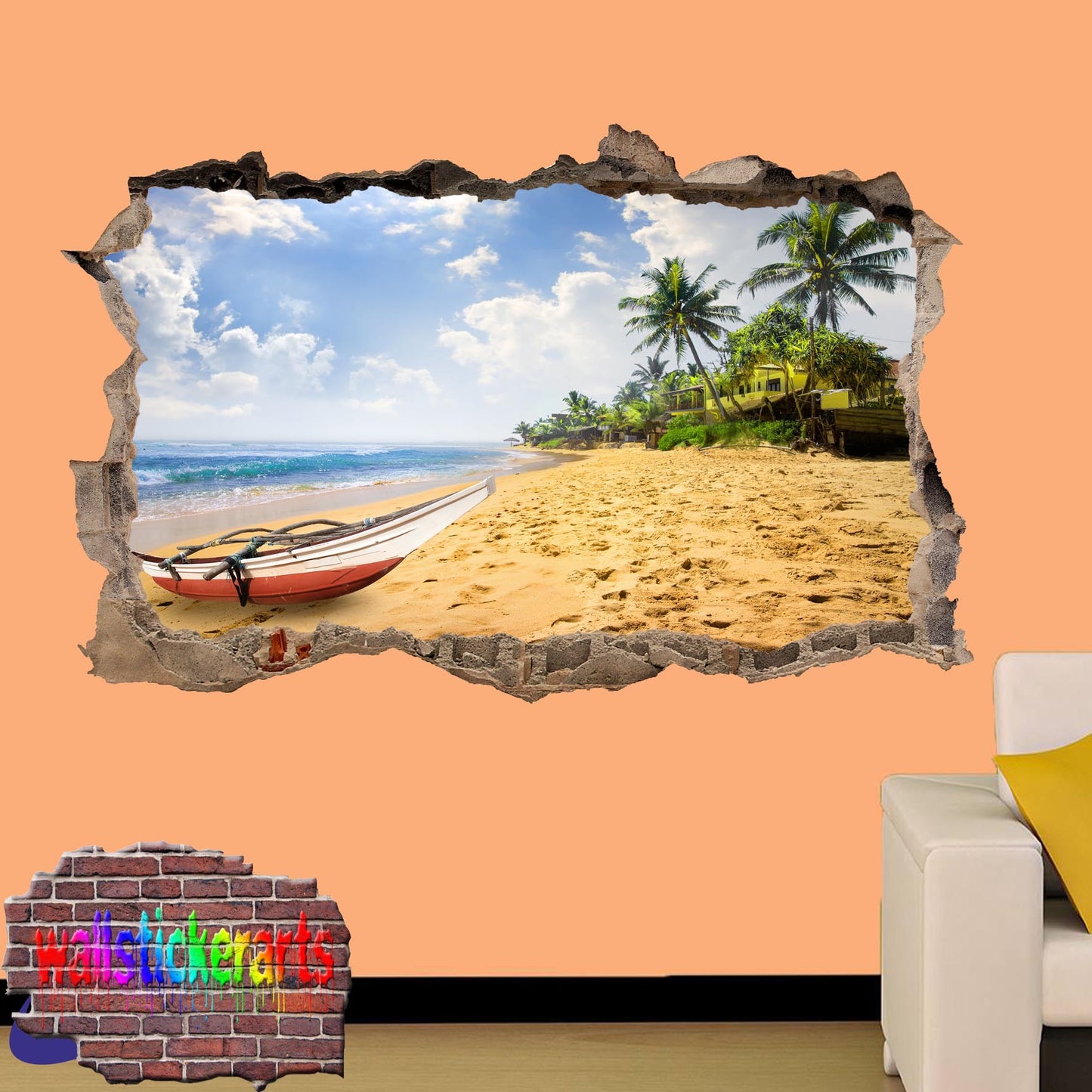 Tropical Beach Sun Sand Boat 3d Art Wall Sticker Mural Room Office Shop Decoration Decal YI8