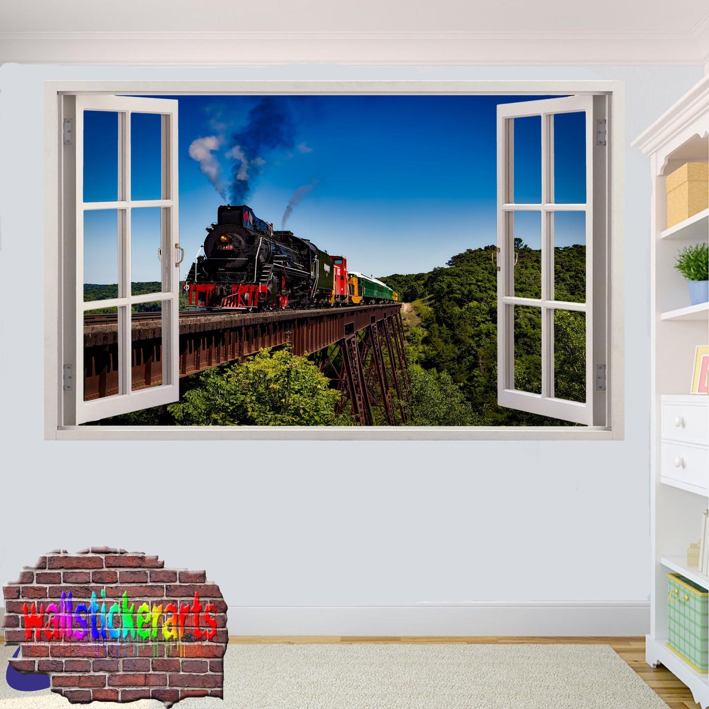 Steam Train Over Metal Bridge 3d Art Smashed Effect Wall Sticker Room Office Nursery Shop Decor Decal Mural YJ6