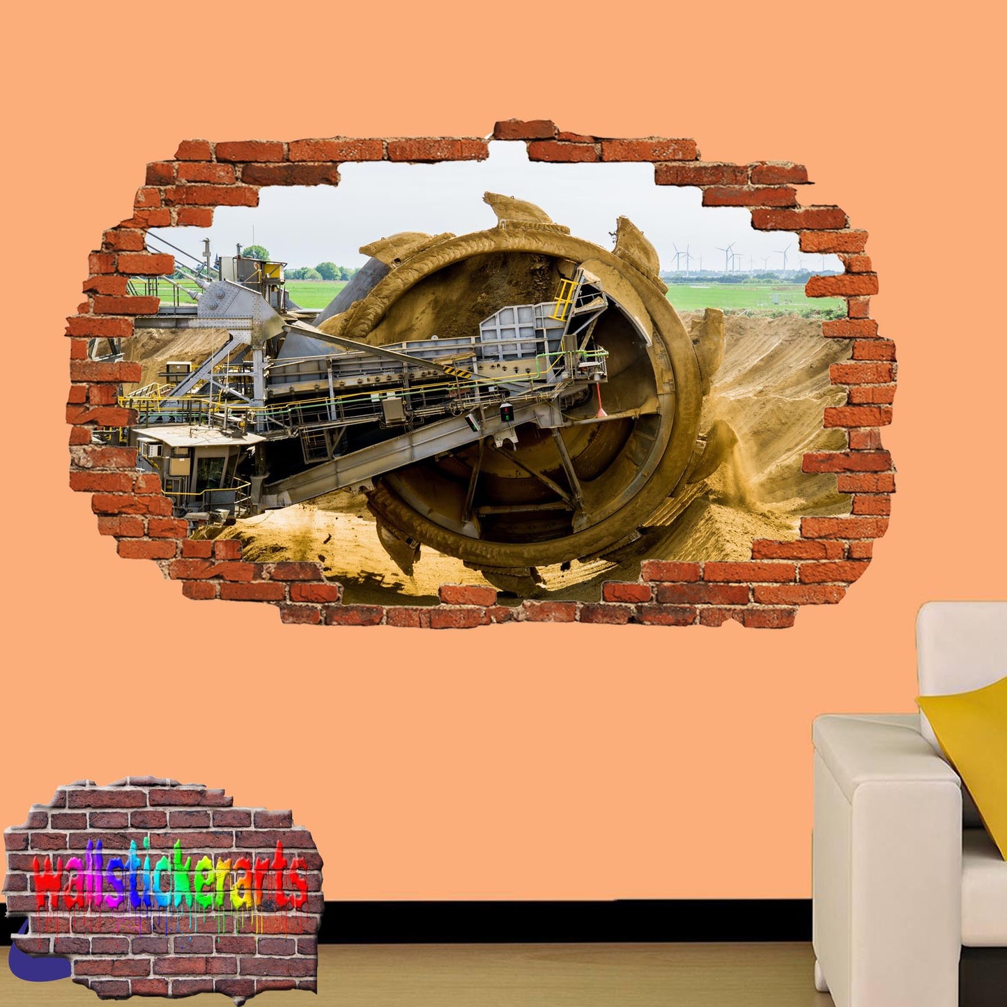 Monster Excavator Working on Mine 3d Art Smashed Effect Wall Sticker Room Office Nursery Shop Decoration Decal Mural YK3