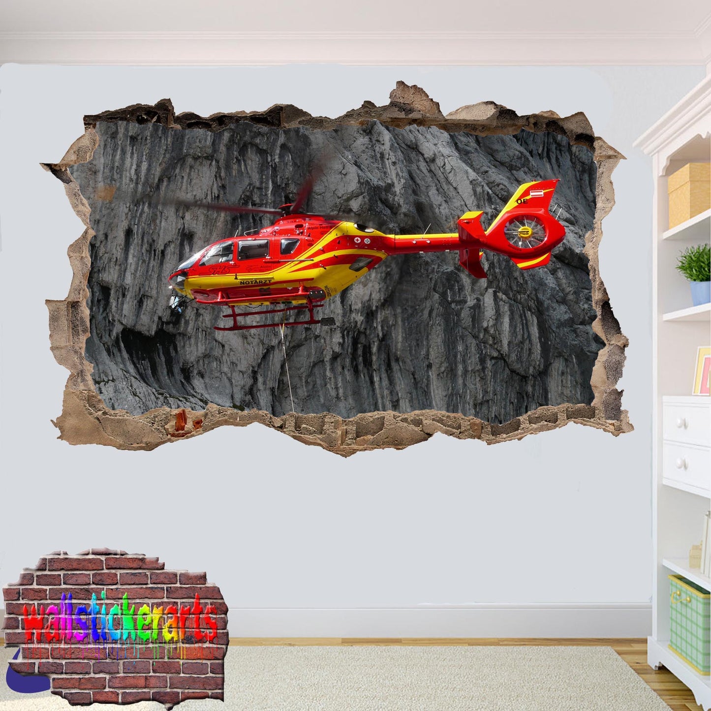 Resque Helicopter 3d Art Smashed Effect Wall Sticker Room Office Nursery Shop Decor Decal Mural YK5