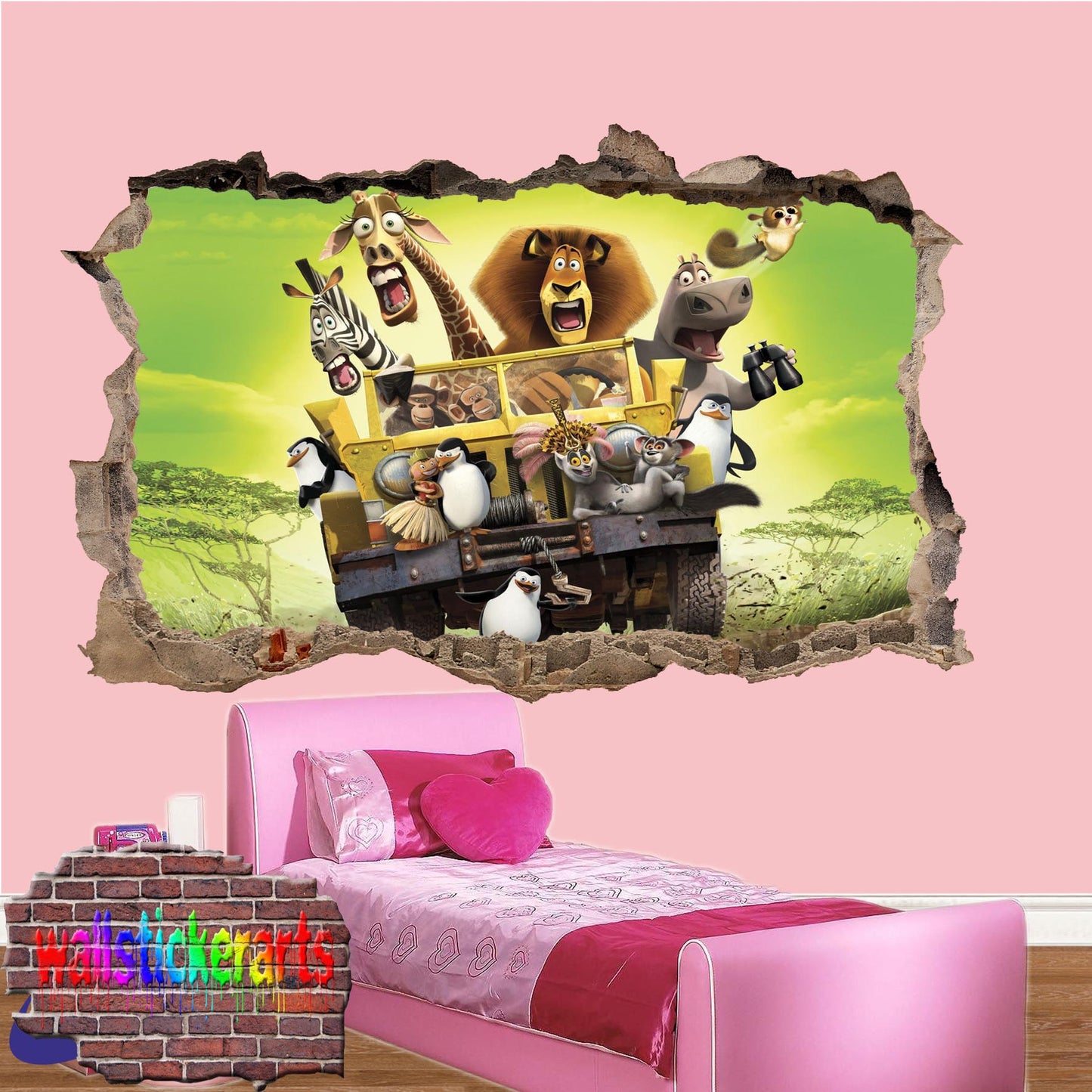Madagascar Cartoon Characters 3d Art Smashed Effect Wall Sticker Room Office Nursery Shop Decoration Decal Mural YL8