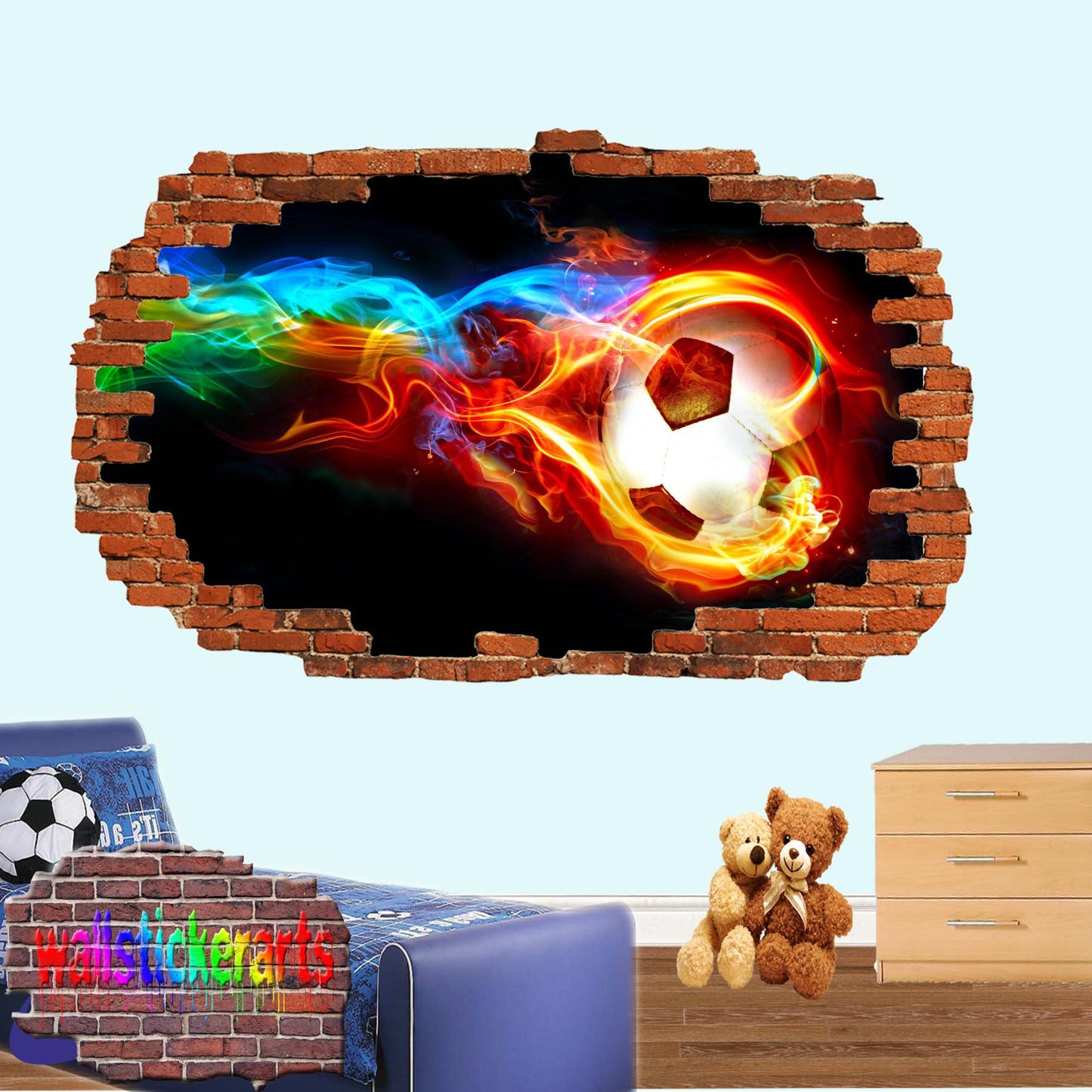 Football Flames Sports 3d Smashed Effect Wall Sticker Room Office Nursery Shop Decoration Decal Mural YN2