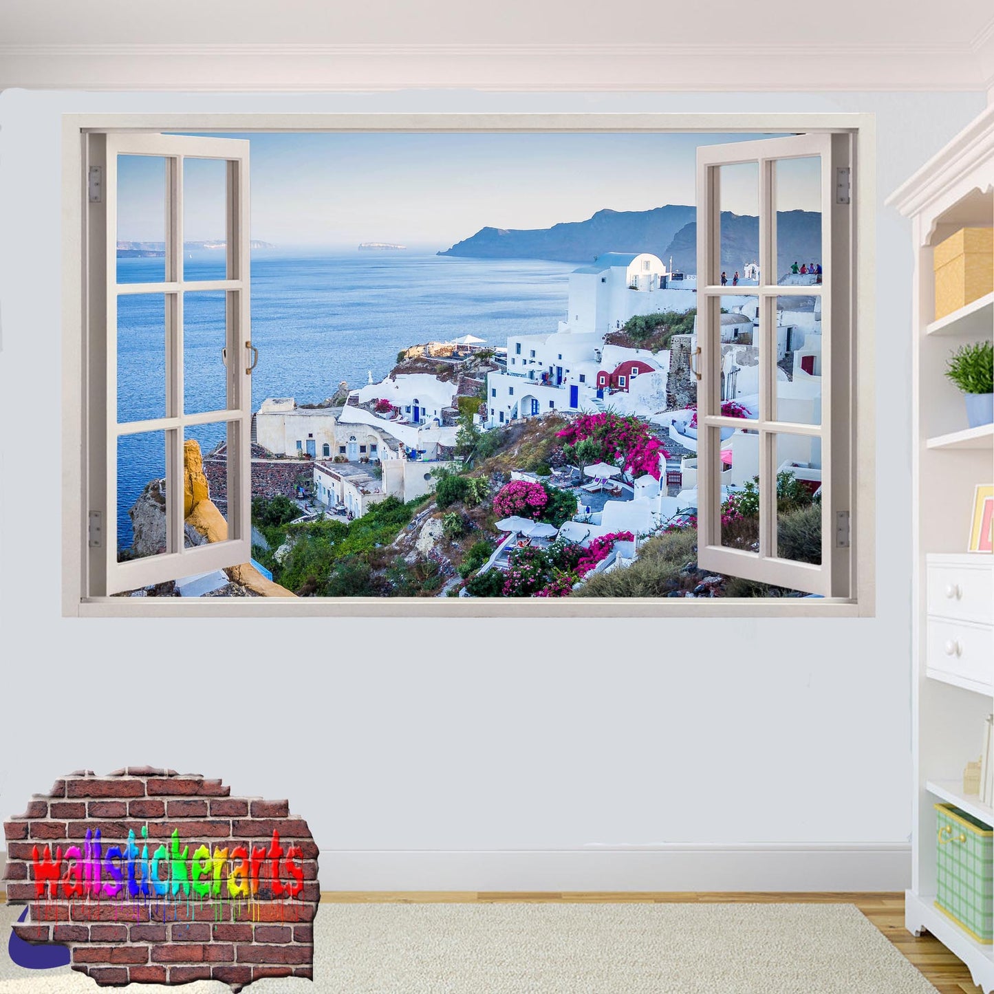 Oia Santorini Greece 3d Art Window Effect Wall Sticker Room Office Nursery Shop Decor Decal Mural YN7