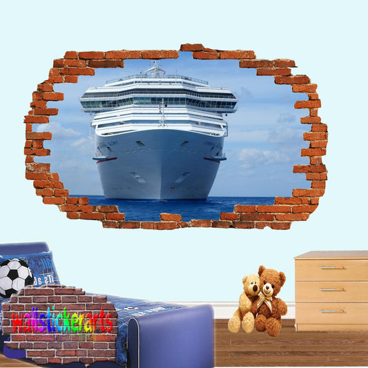 Cruise Ship on Sea 3d Art Smashed Effect Wall Sticker Room Office Nursery Shop Decor Decal Mural YO2